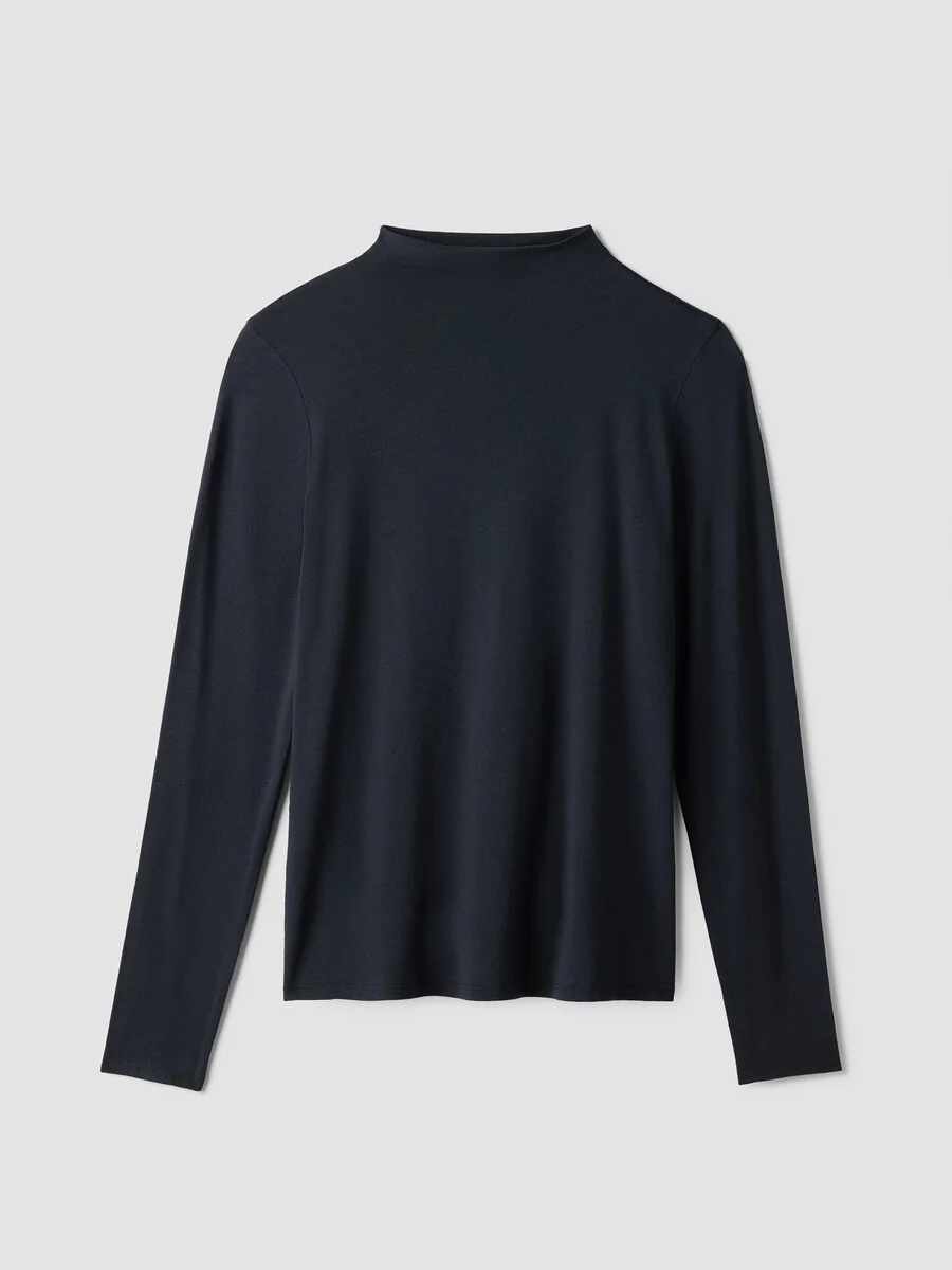 Sheer Cotton Blend Knit Funnel Neck Top - 1