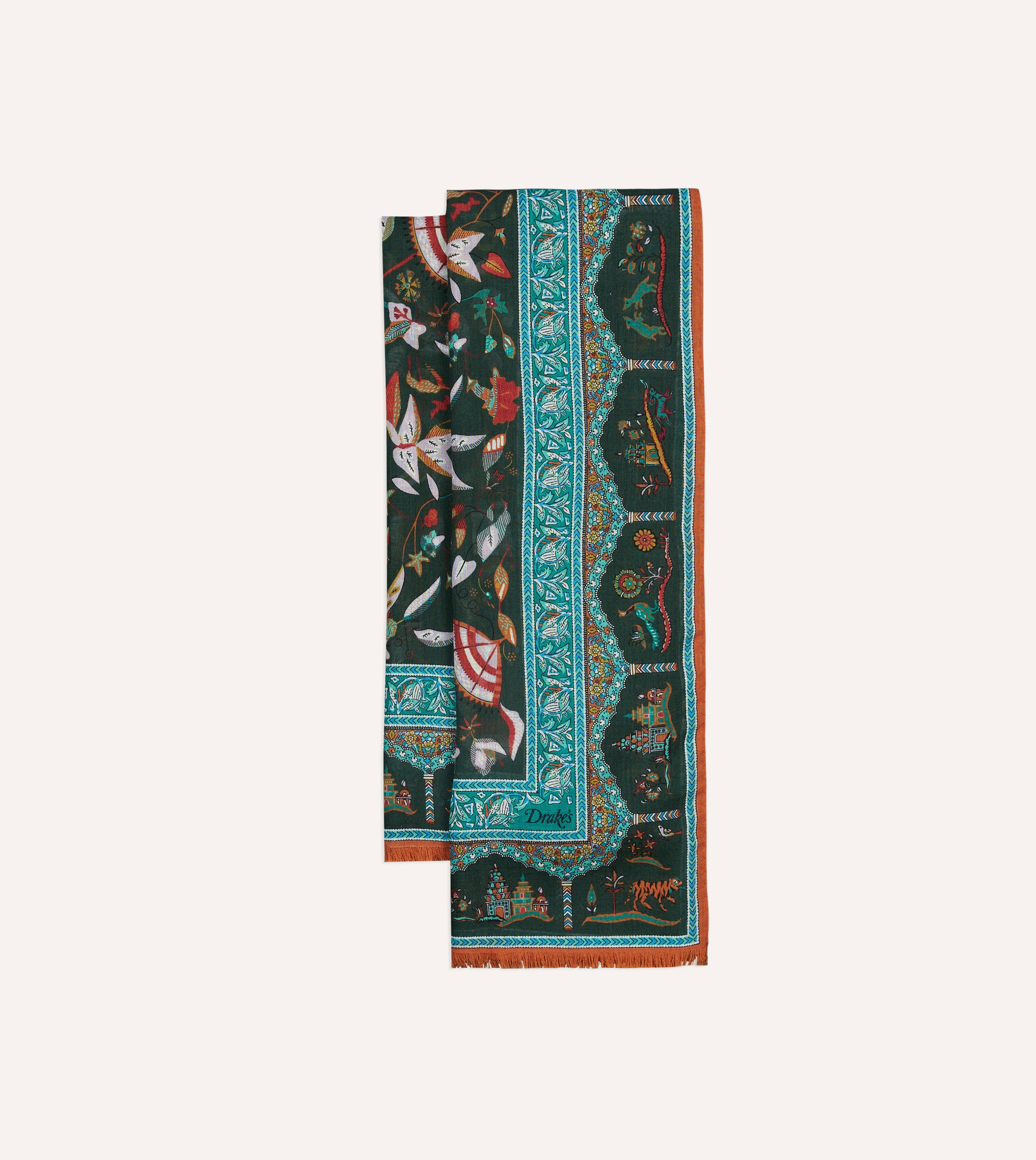 Green Classic Mughal Print Wool Silk Scarf - 1