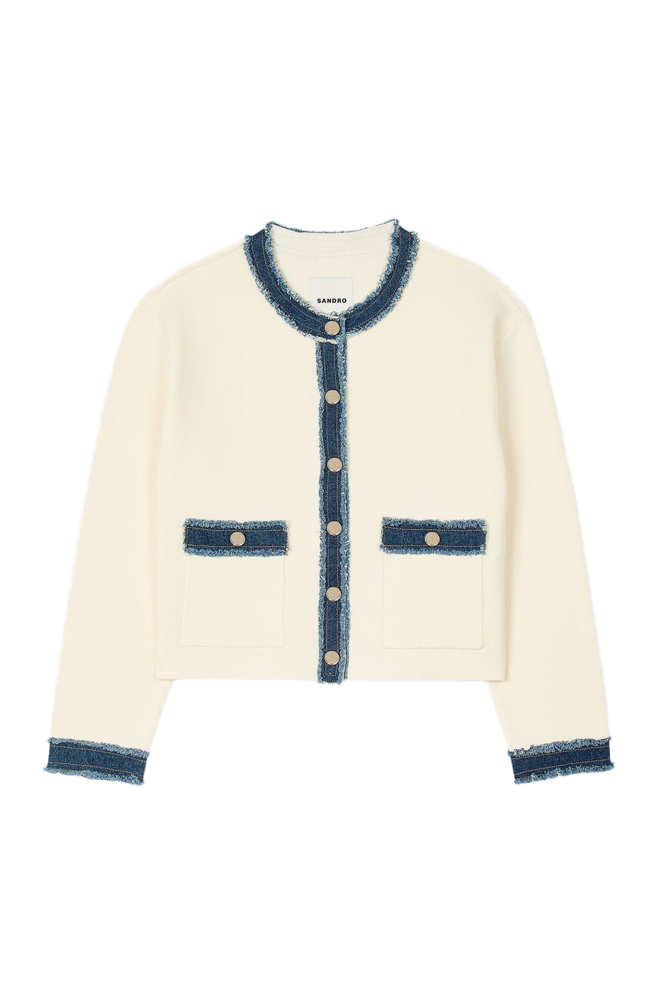 SANDRO Cardigan with denim details in Ecru at Nordstrom - 5