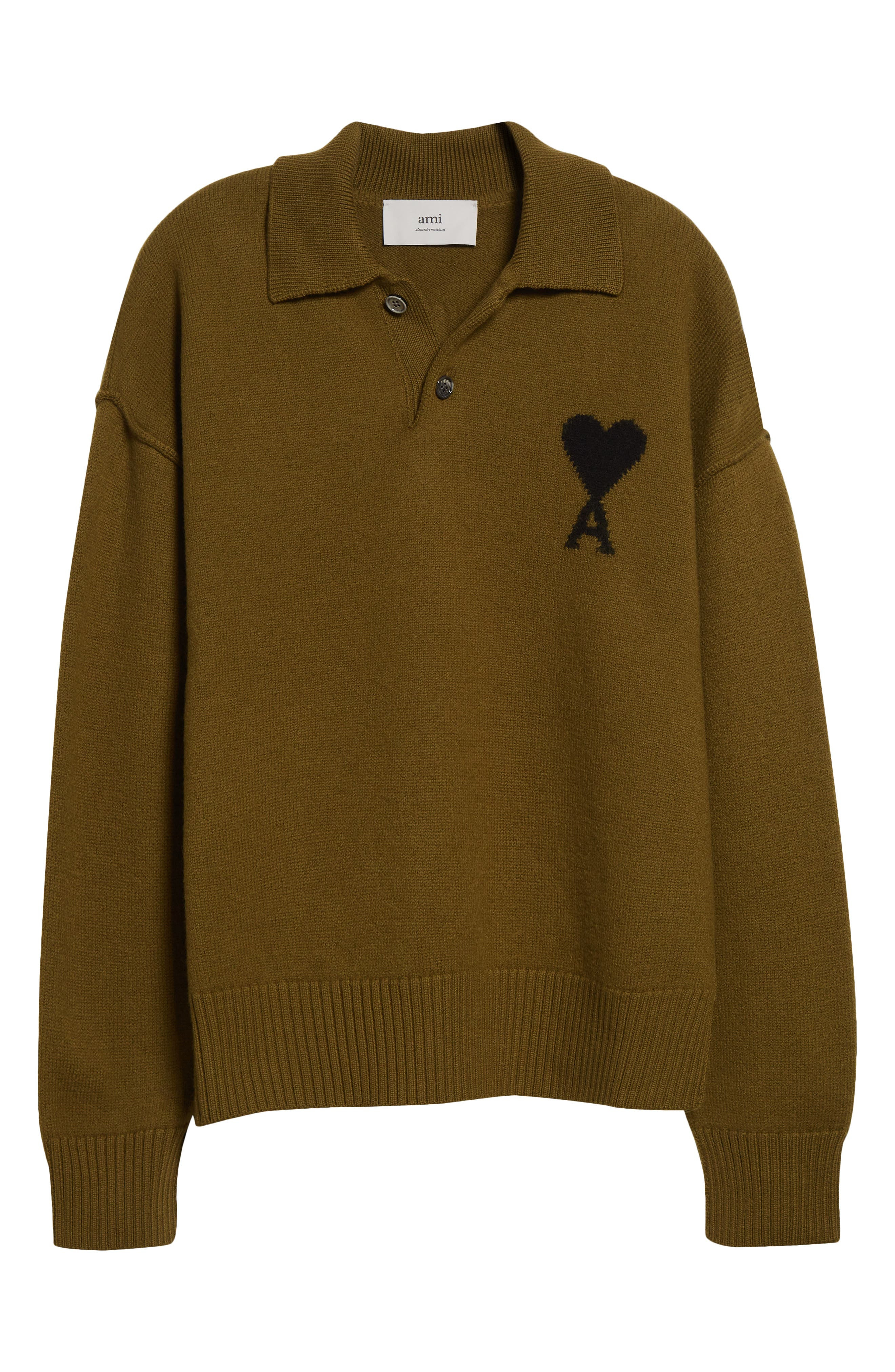 AMI PARIS Ami de Coeur Monogram Felted Wool Polo Sweater in Bronze/Noir at Nordstrom - 5