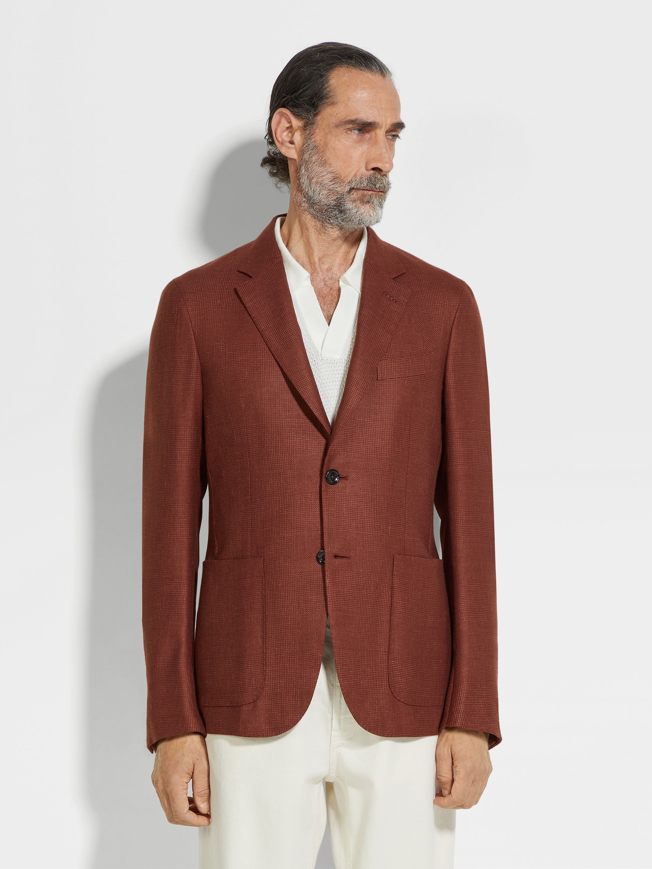 BRICK RED CASHMERE SILK AND LINEN JACKET - 4