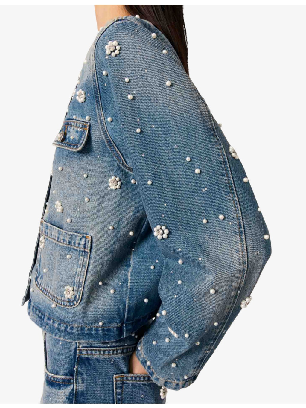 Embellished faded-wash denim jacket - 5