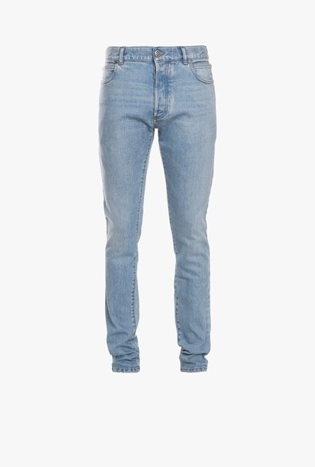 Slim light blue cotton jeans with Balmain monogram - 1