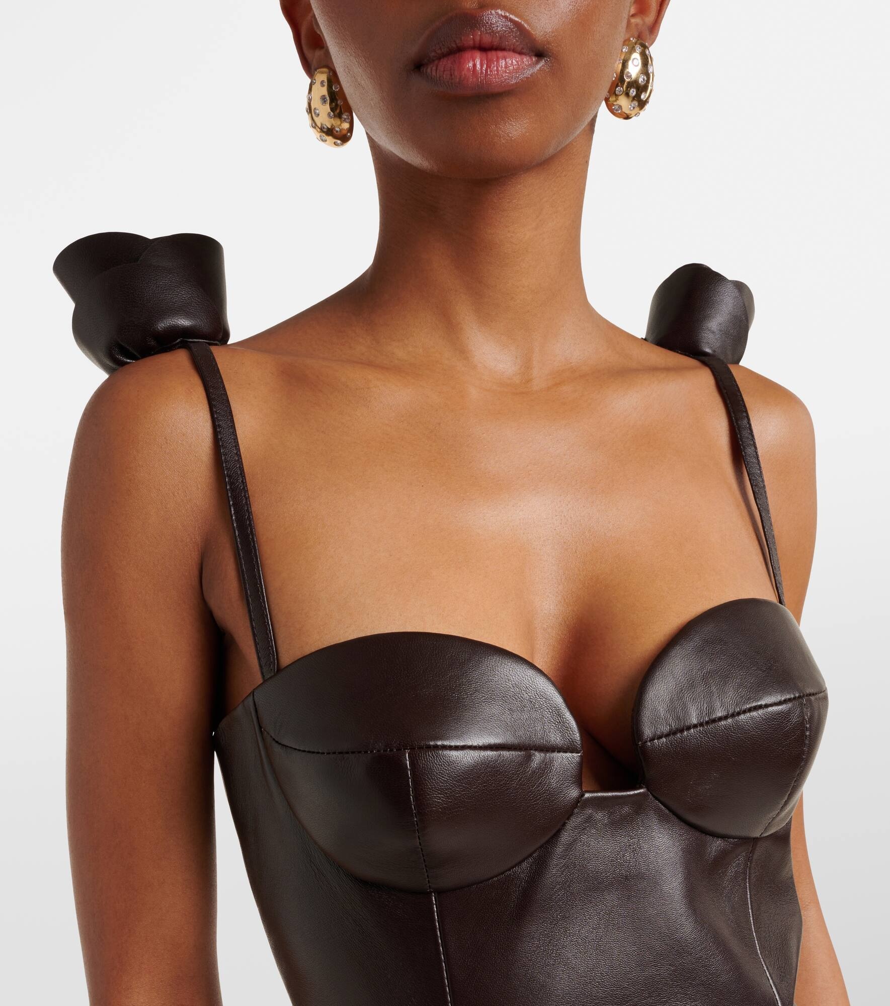 Floral-appliqué leather bustier dress - 4
