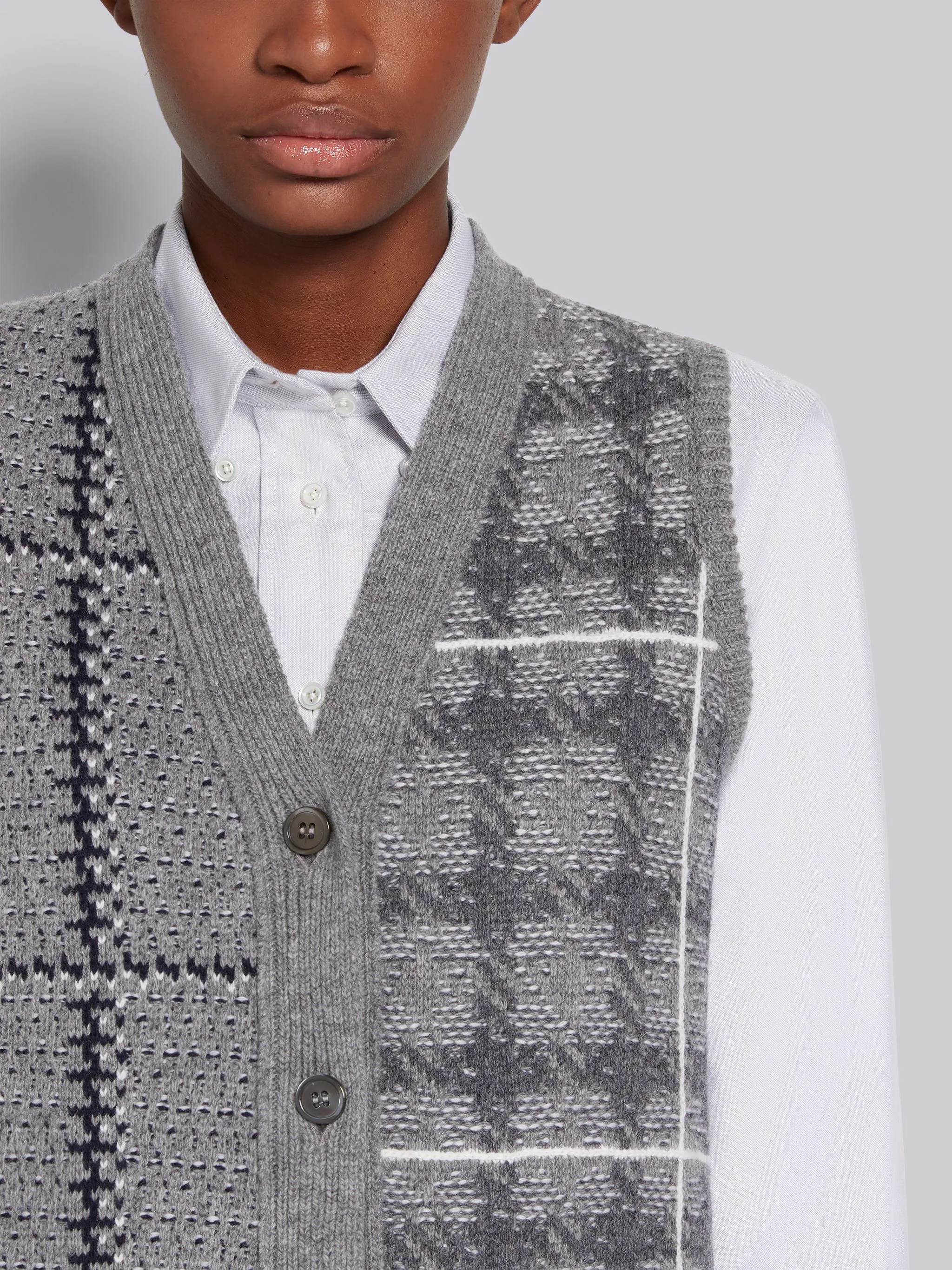 Fun-Mix Windowpane and Gunclub Check Fine Merino Wool Jacquard Cardigan Vest Dress - 5