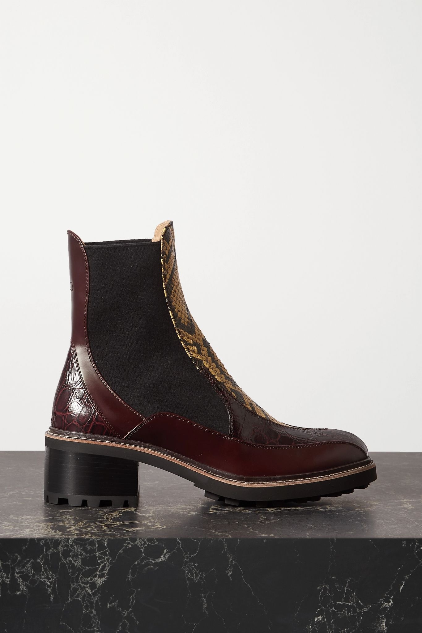 Paneled snake-effect and smooth leather Chelsea boots - 1