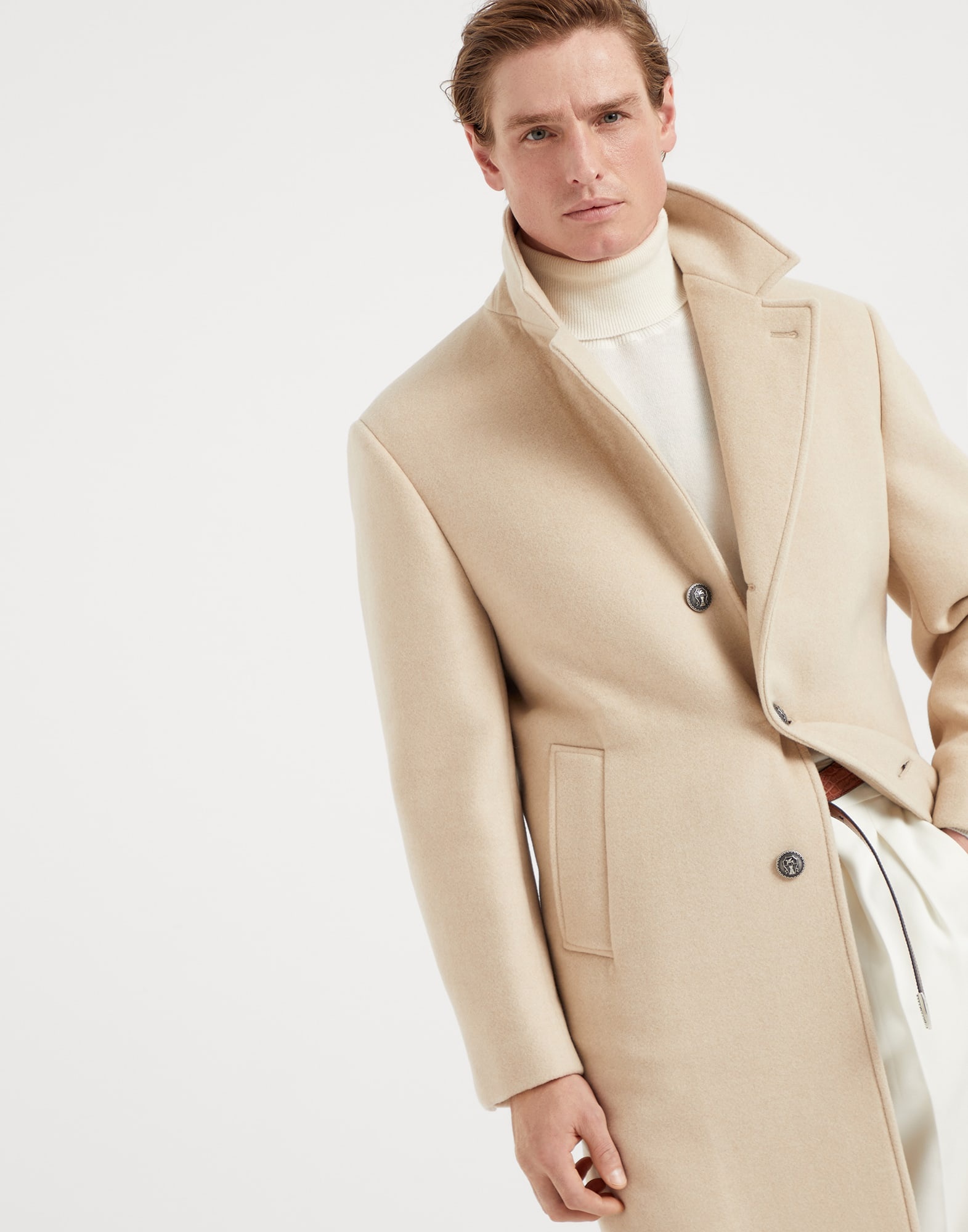 Camel double cloth coat with metal buttons - 4