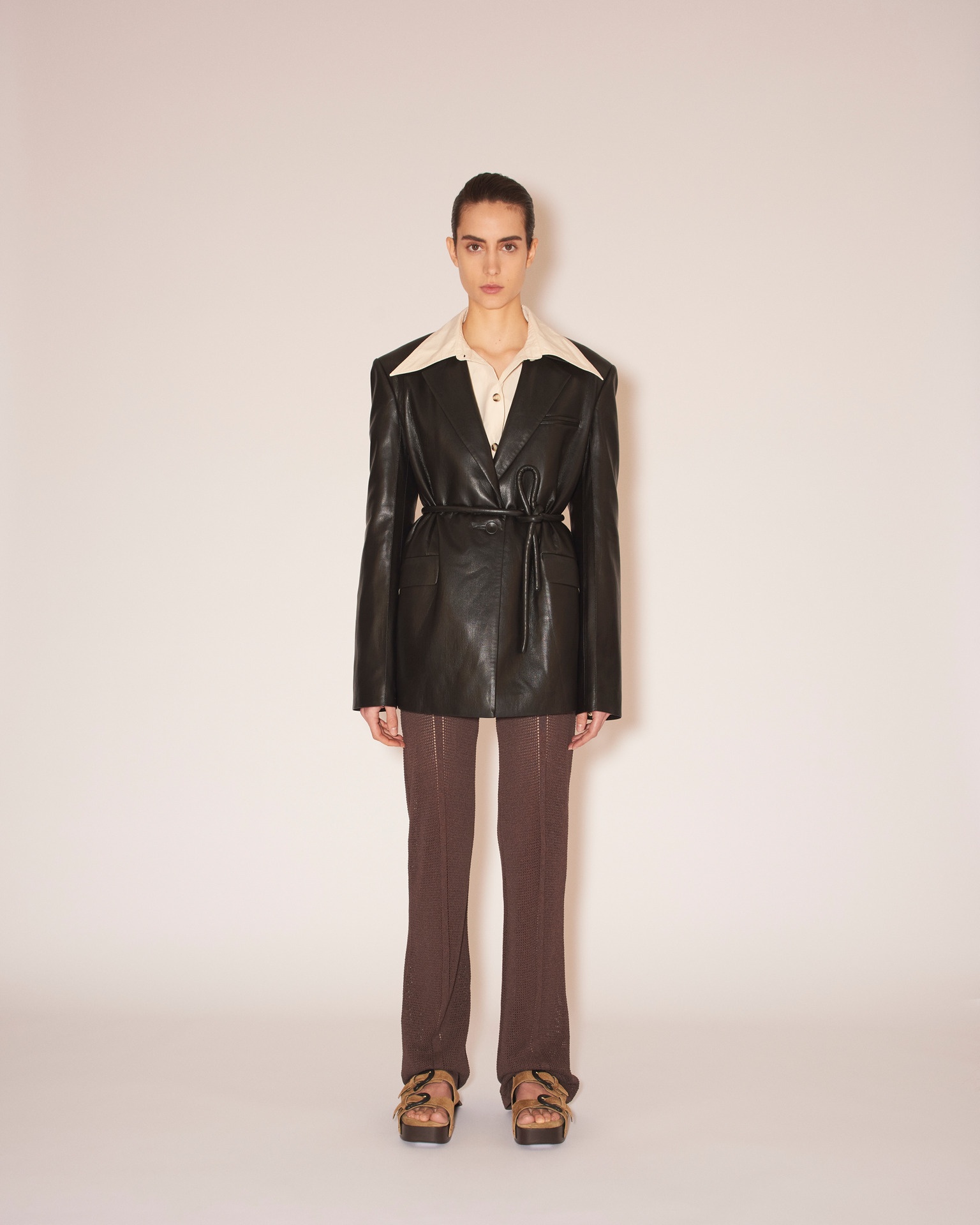 MARIKO - Vegan leather tie-waist blazer - Black - 2