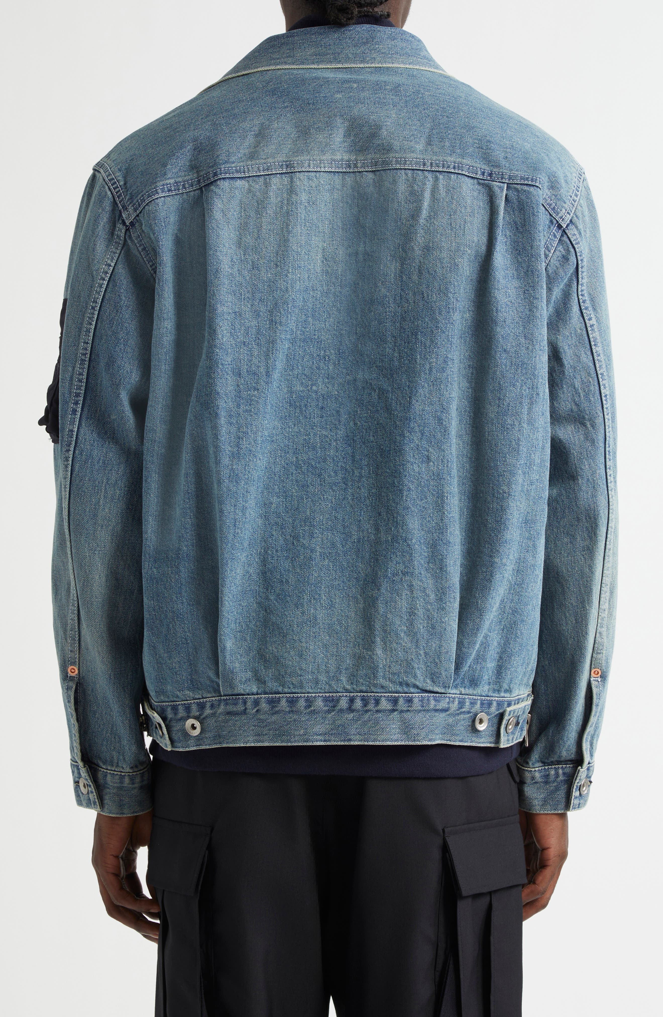 Sacai Layered Mixed Media Trucker Jacket in Light Blue at Nordstrom - 3