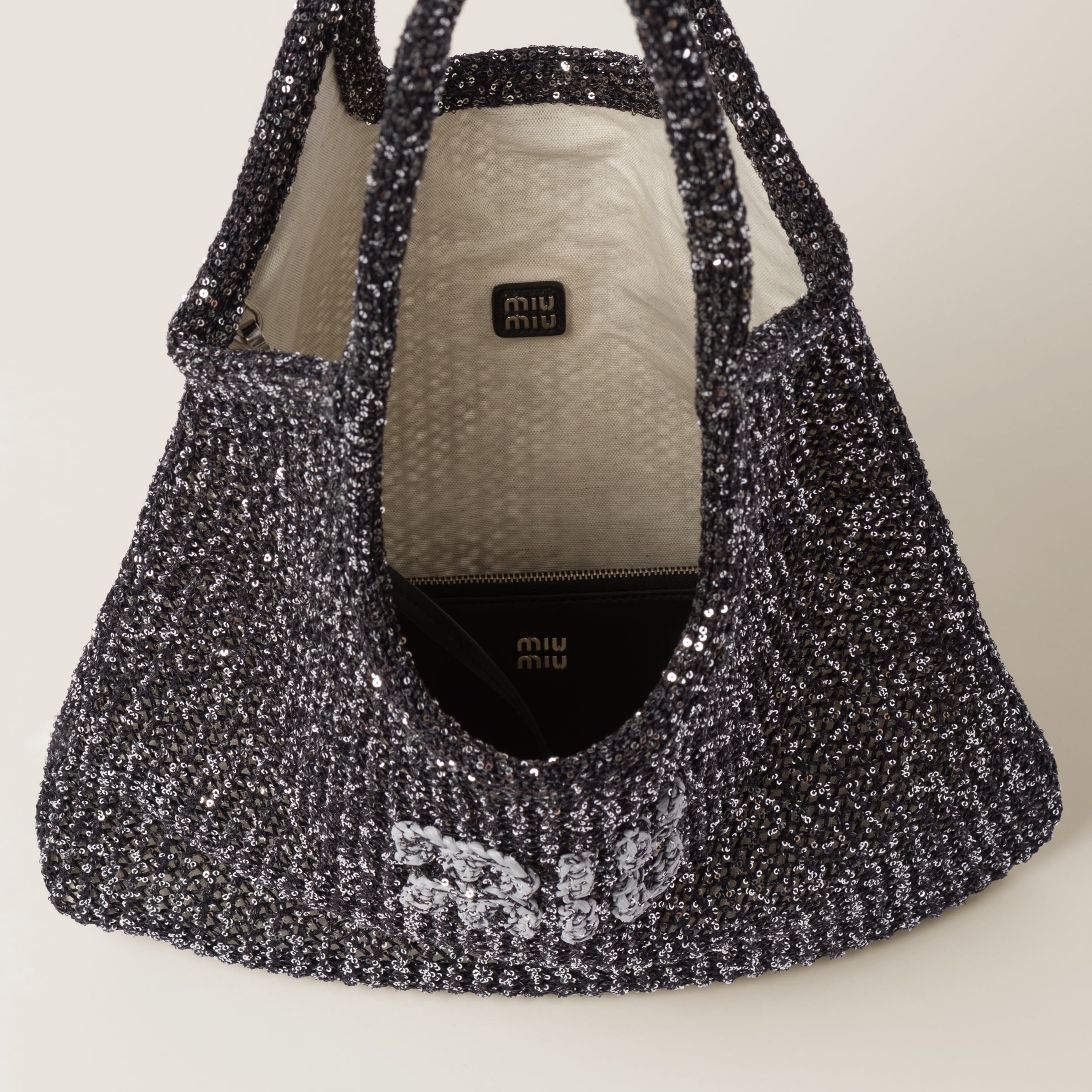 ●MiuMiu● Women's Mini Sequin Tote Bag Black 5BA2202F3OF000 Miu Miu Mesh tote bag with sequins | REVERSIBLE