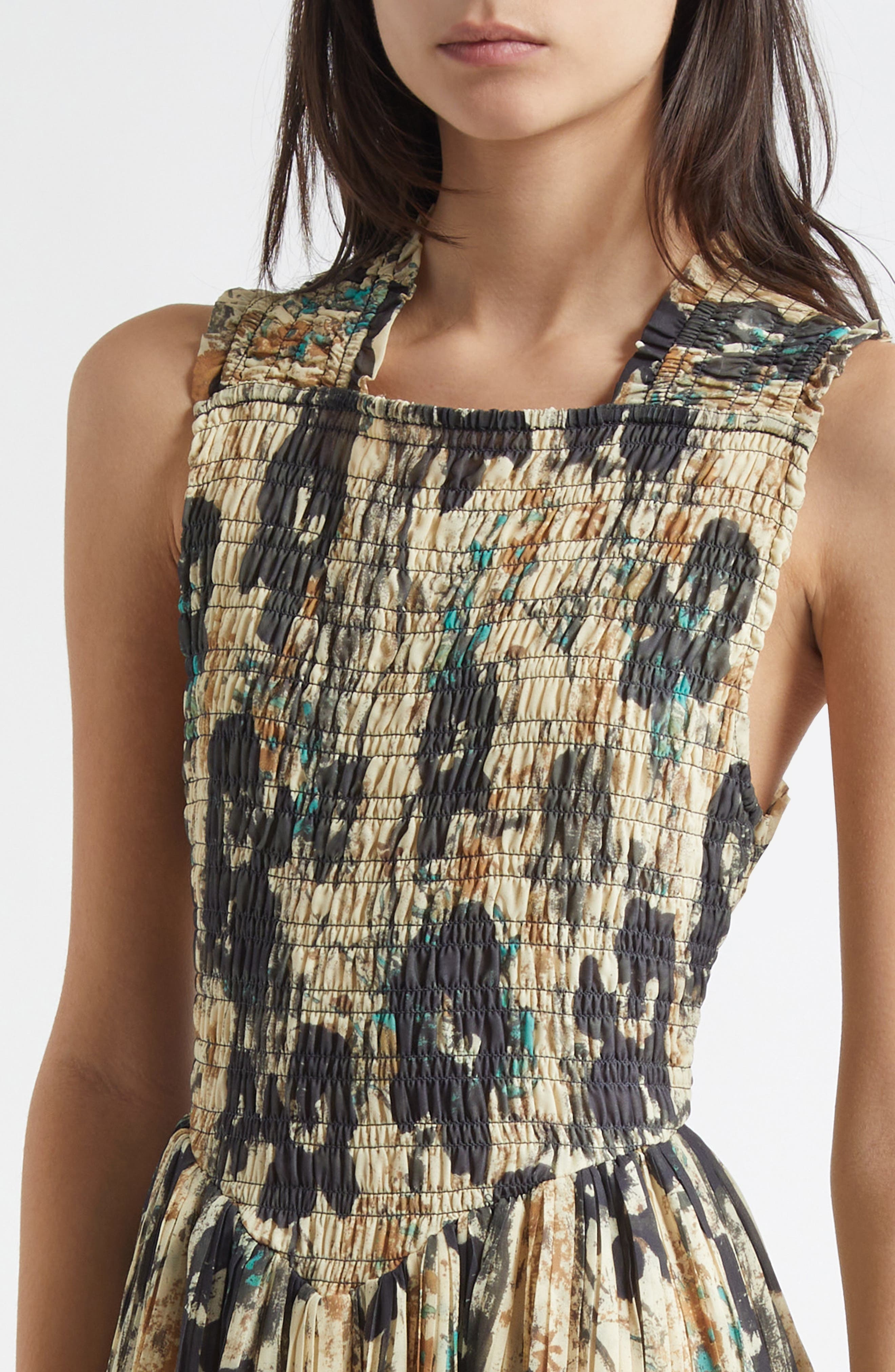 Ganni Floral Print Smocked & Pleated Midi Dress in Afterglow at Nordstrom - 4
