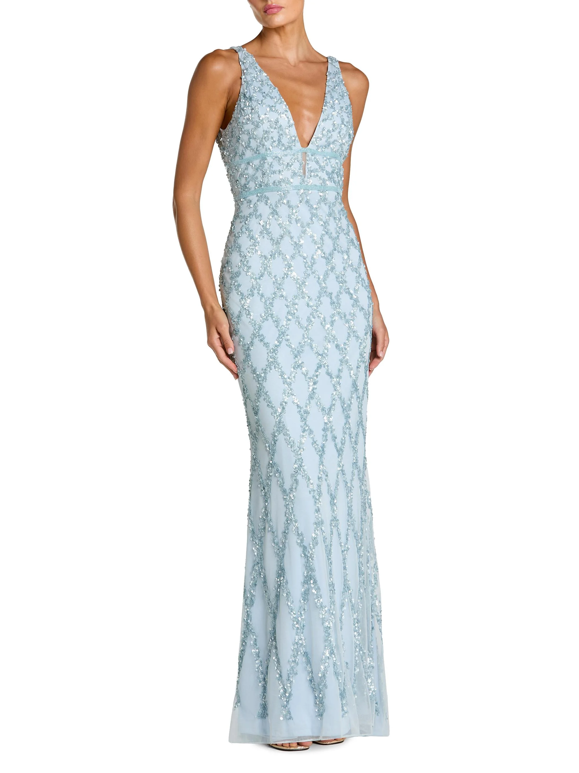 Women's Embellished V-Neck Column Gown - Ice Blue - 1
