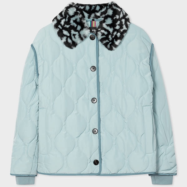 Pale Blue Quilted Leopard Collar Coat - 5