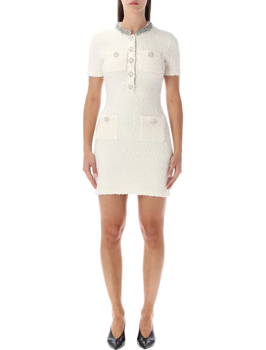Self-Portrait Cream Bouclé Knit Mini Dress With Crystal Buttons - 1