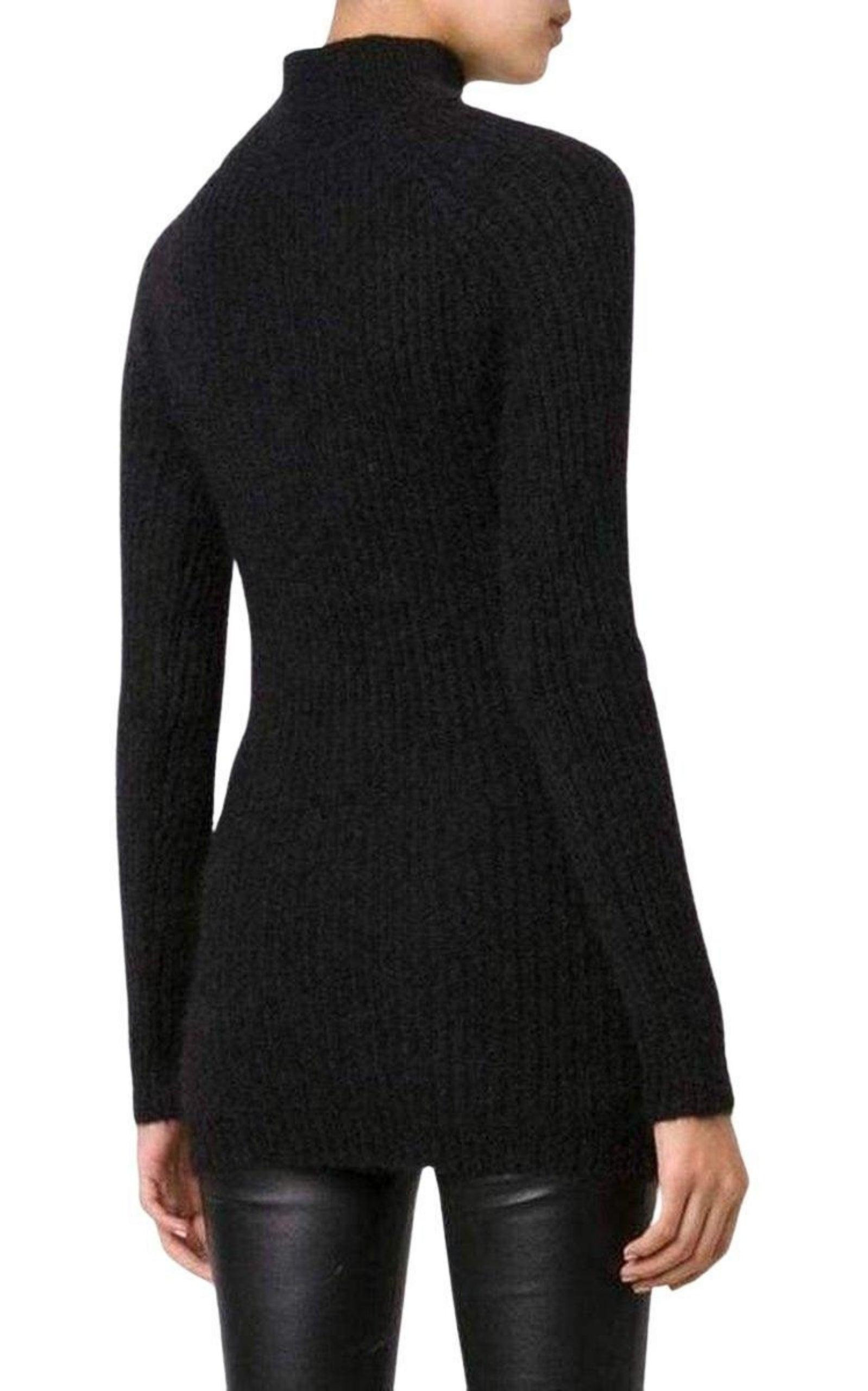 Black Mohair Wool Ribbed Turtleneck Sweater - 4