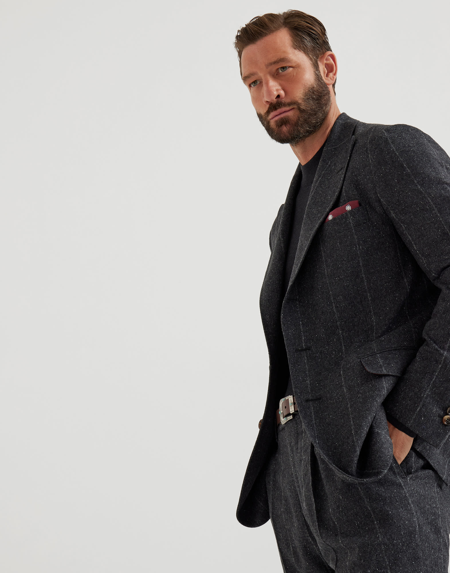 Silk, wool and cashmere flecked chalk stripe flannel deconstructed blazer with large peak lapels - 4