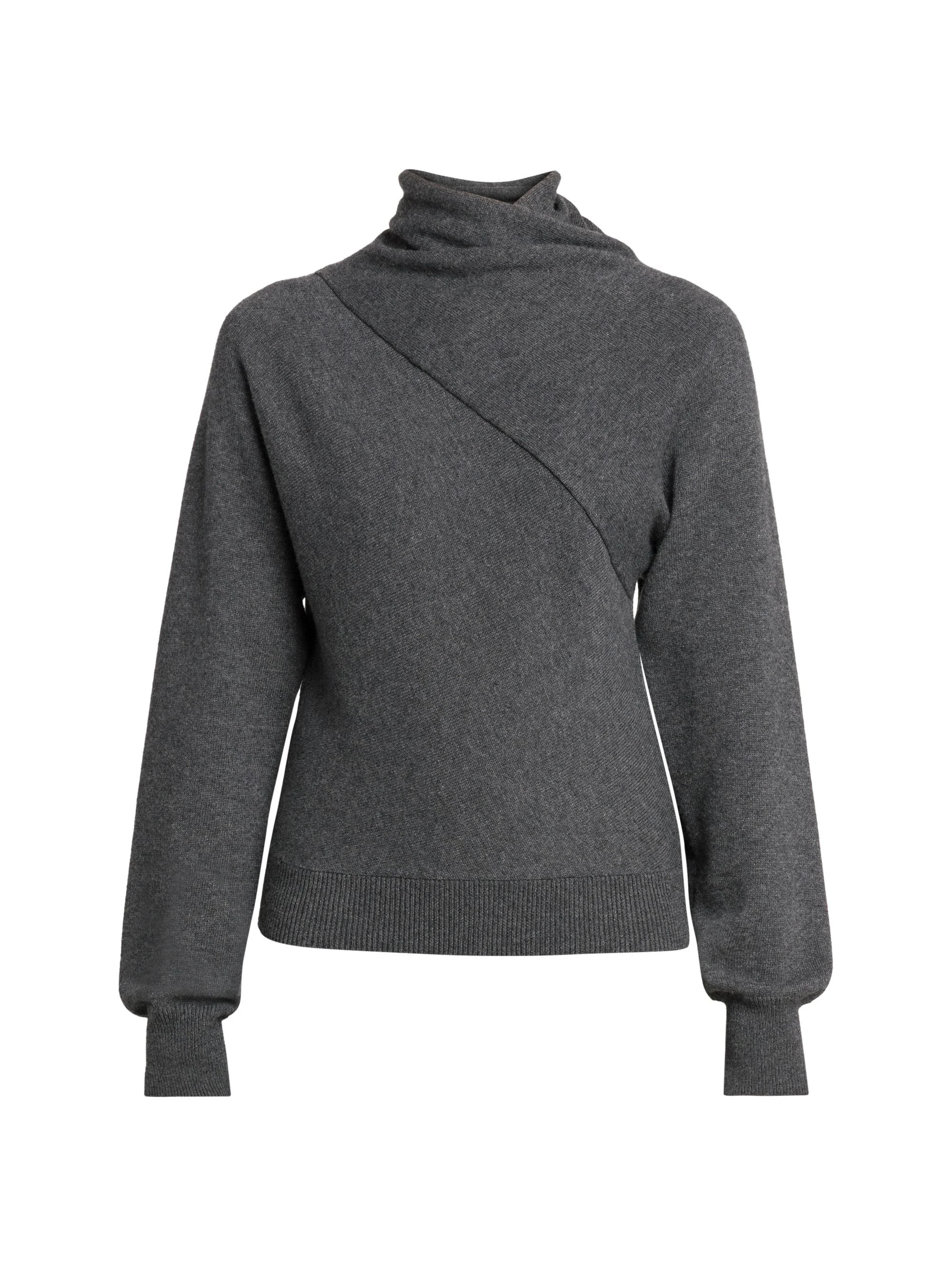 Women's Wrap Collar Cashmere-Cotton Turtleneck - Dark Grey Melange - 1