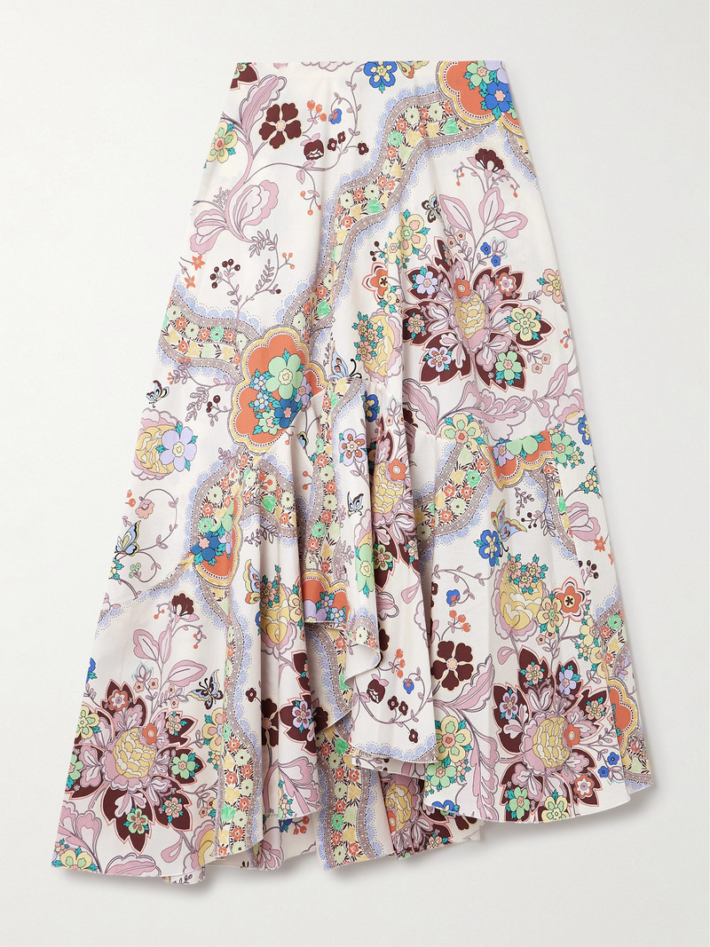 Asymmetric Floral-print Cotton-poplin Midi Skirt 1