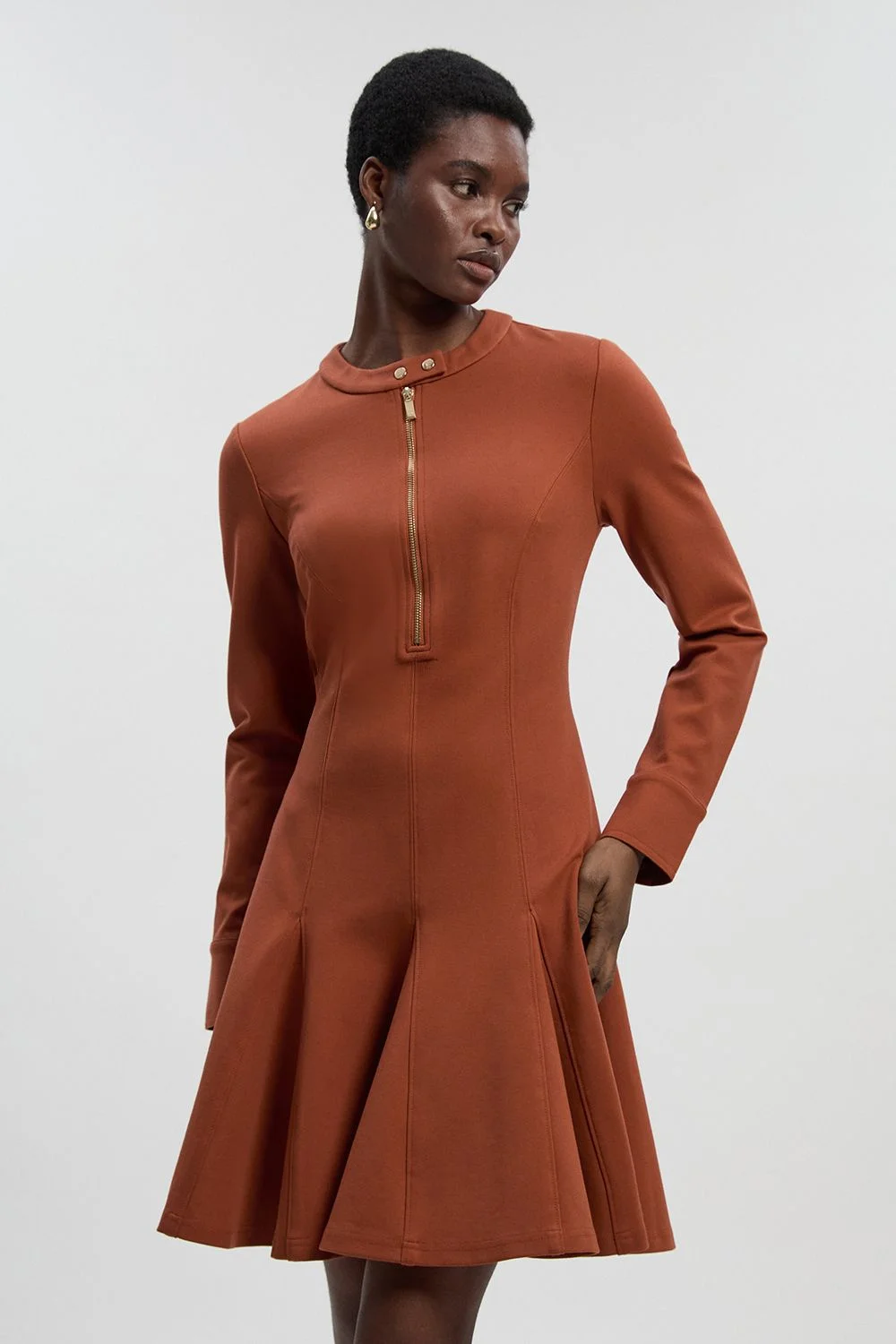 Ponte Zip Trim Detail Pleated Long Sleeve Mini Dress - 1