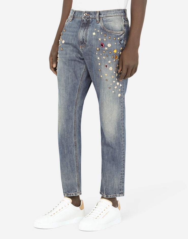 Loose blue wash jeans with crystals - 4