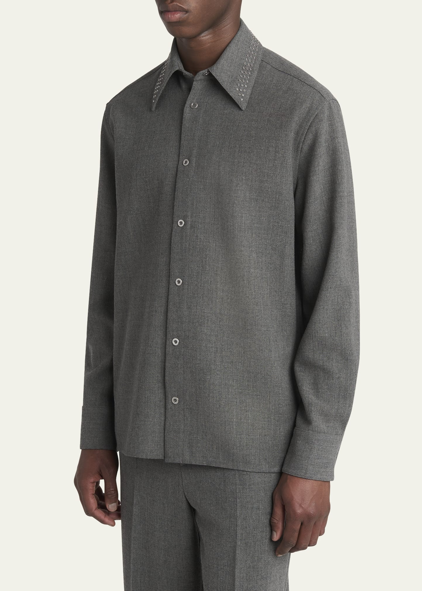 Men's Studded-Collar Wool Button-Down Shirt - 4
