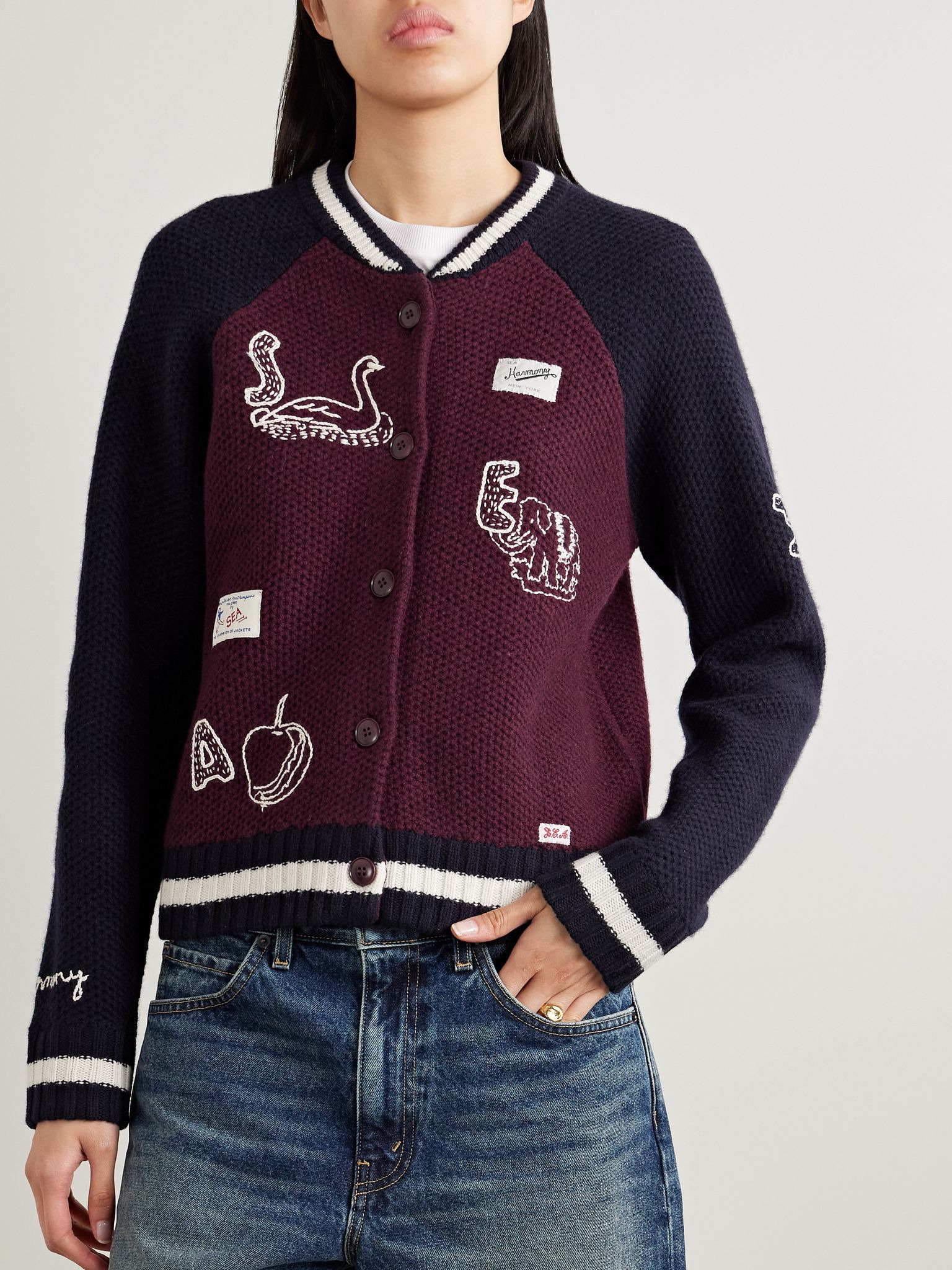 Archer embroidered appliquéd merino wool cardigan Burgundy - 3