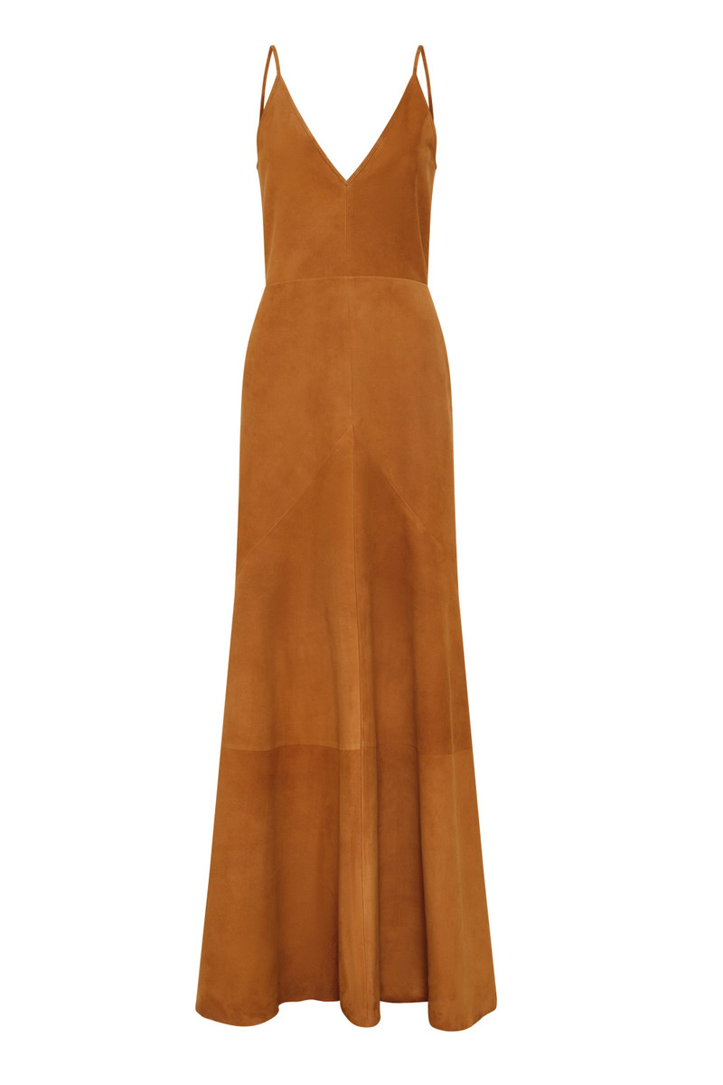 Brigita Slip Maxi Dress in Cashew Suede 1