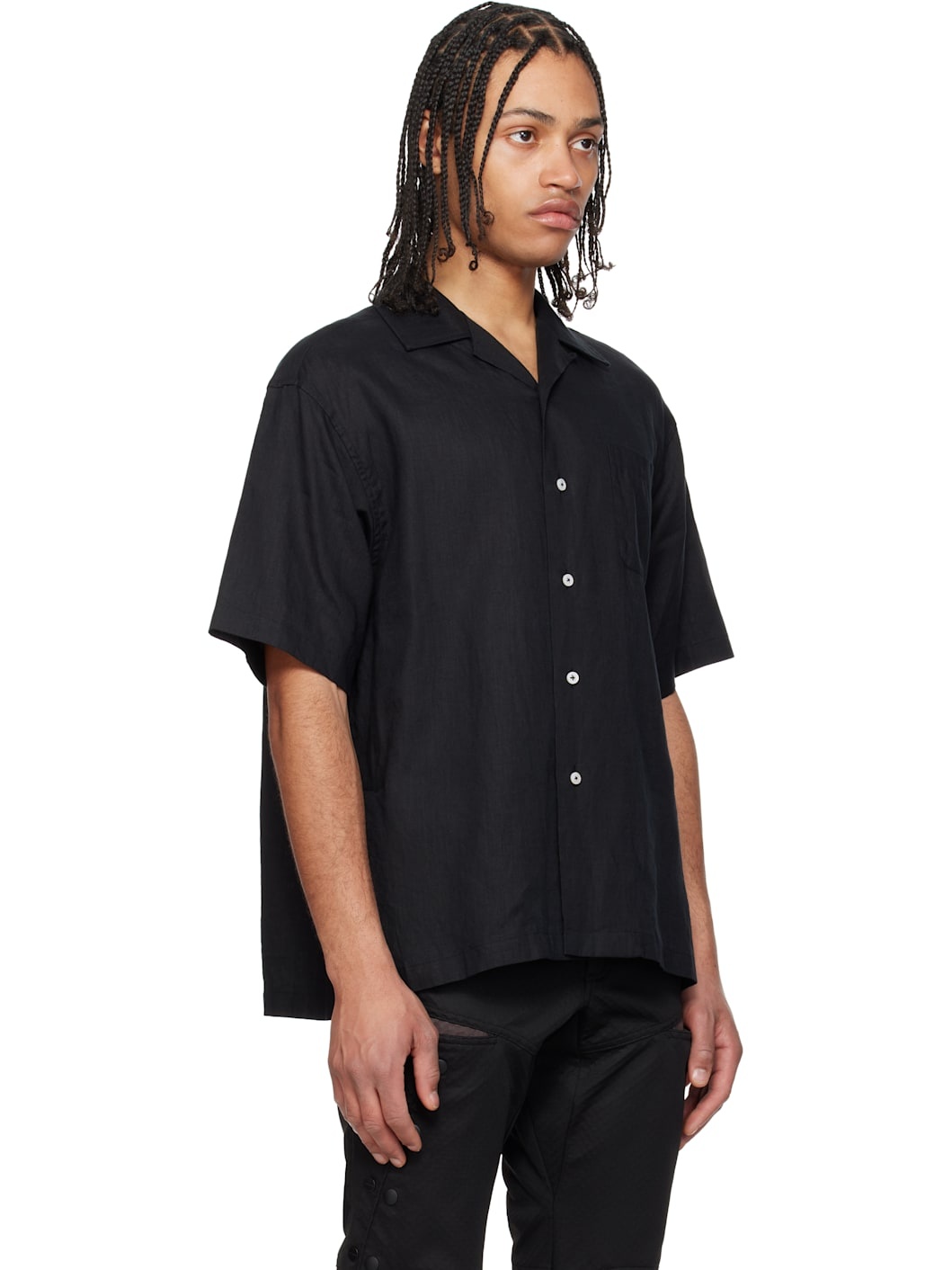 Black Side Vents Op Collar Linen Shirt - 2