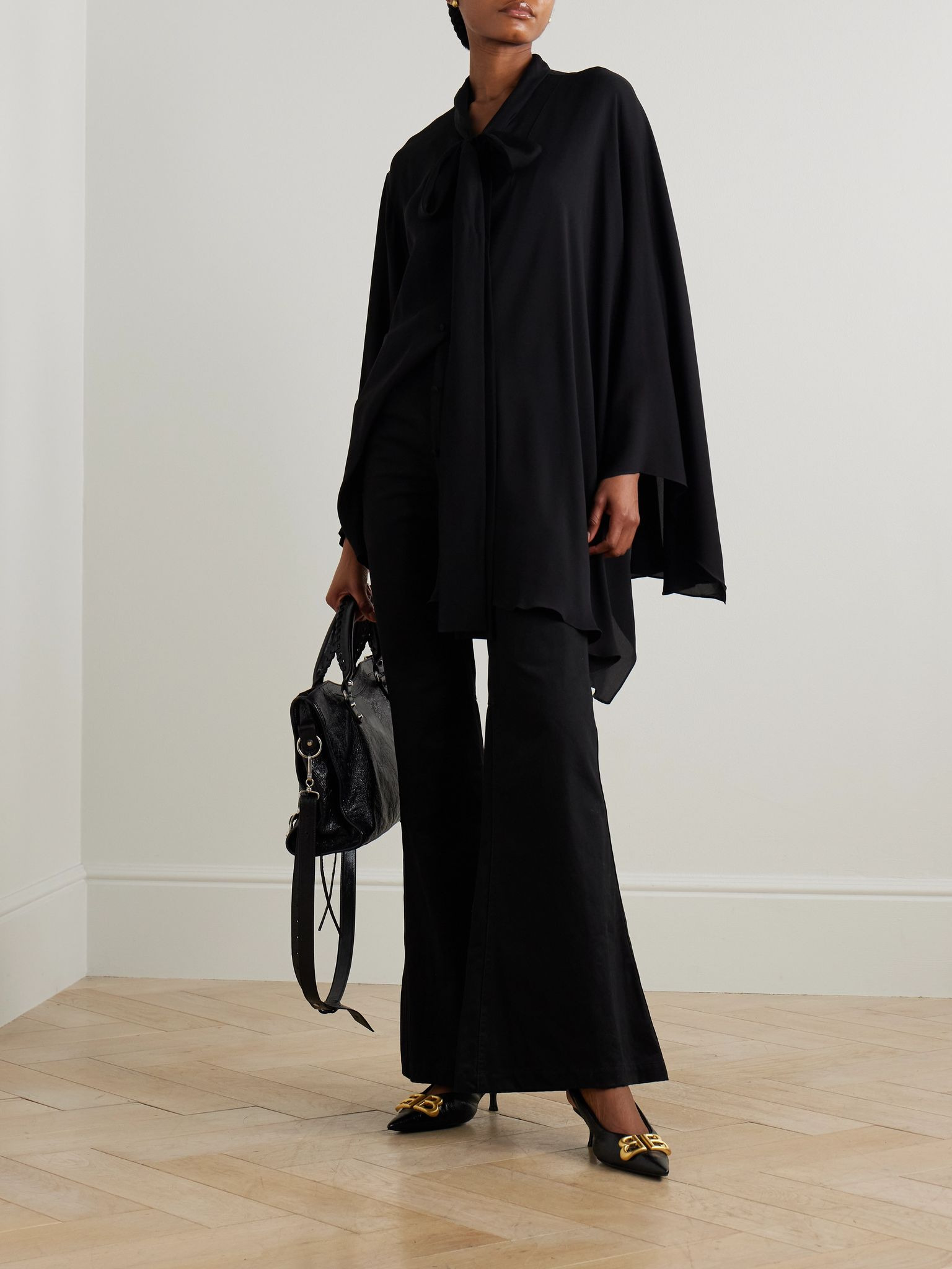 Pussy-bow asymmetric silk-georgette blouse Black - 2