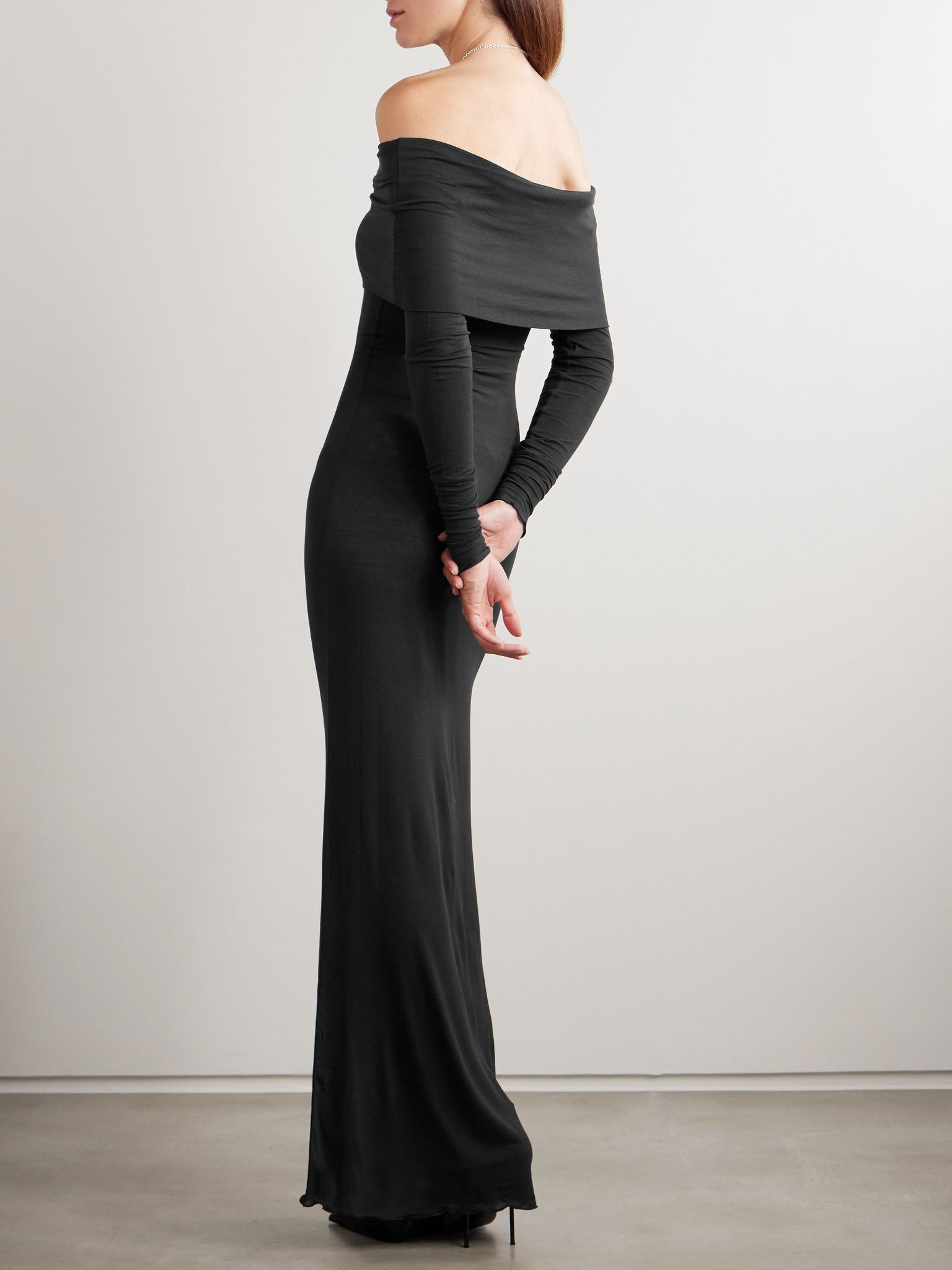 Sheer Modal-Blend Off Shoulder Long Dress - Onyx Black - 3