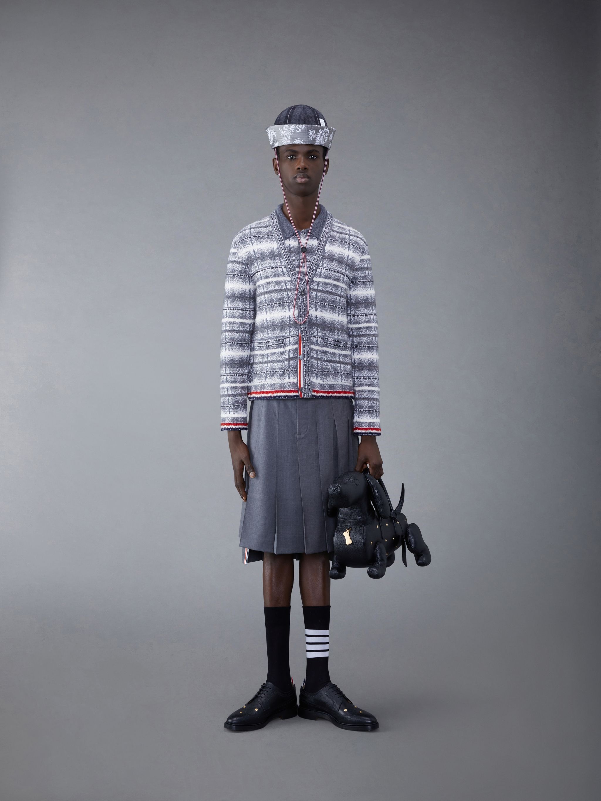 Tb Tartan Check Inlay Jacquard Classic V Neck Cardigan in Merino Wool & Mohair W/ Rwb Stripe - 4
