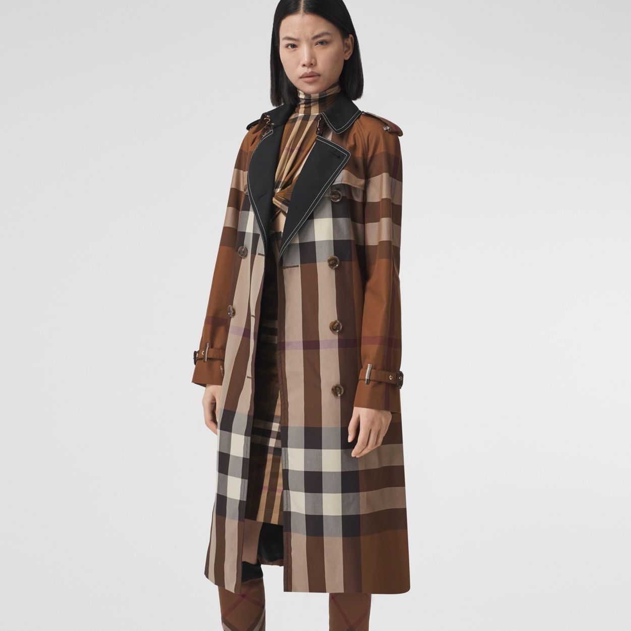 Contrast Panel Check Cotton Trench Coat - 7