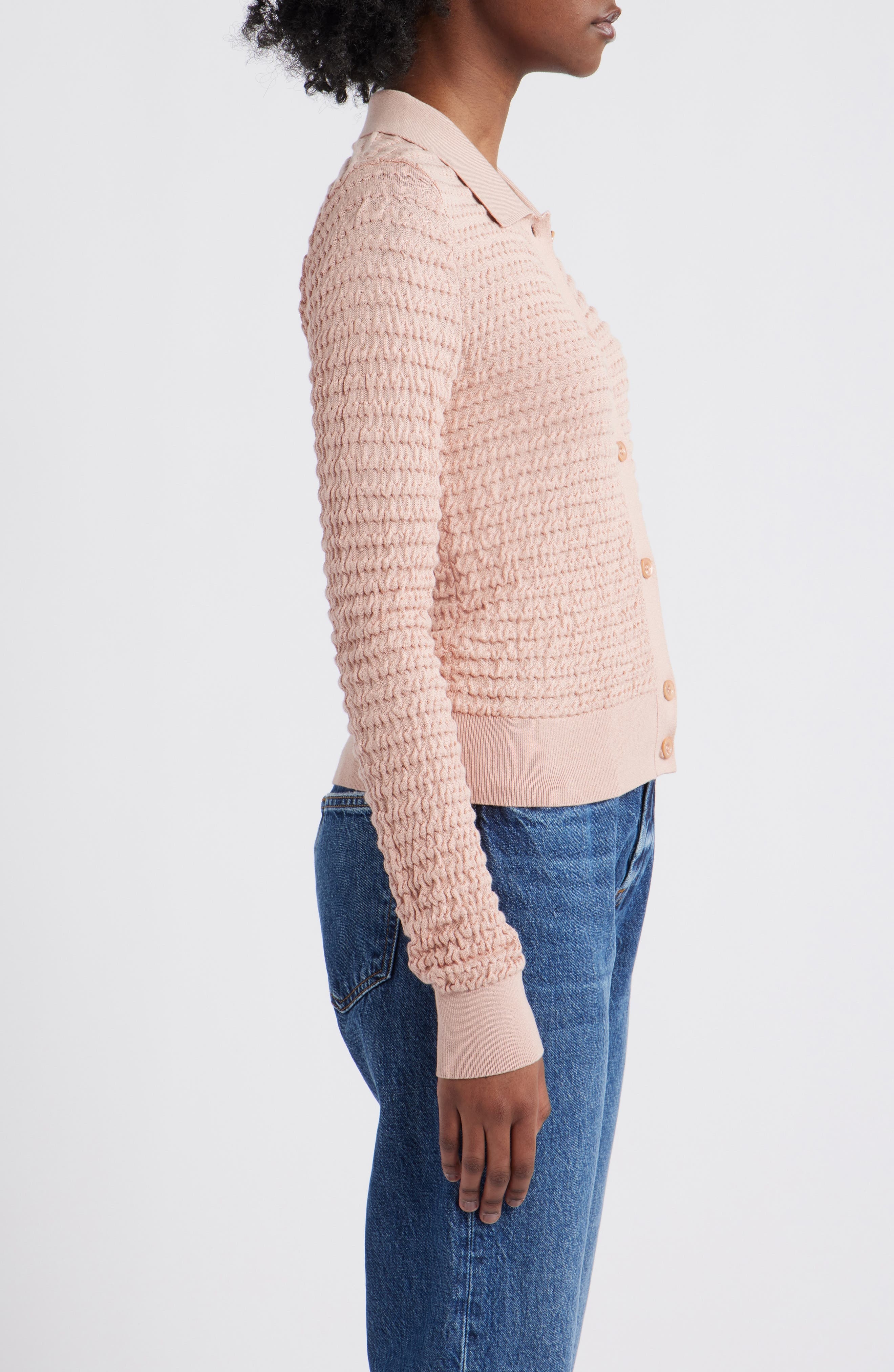 FRAME The Smocked Silk & Cotton Cardigan in Light Pink at Nordstrom - 3