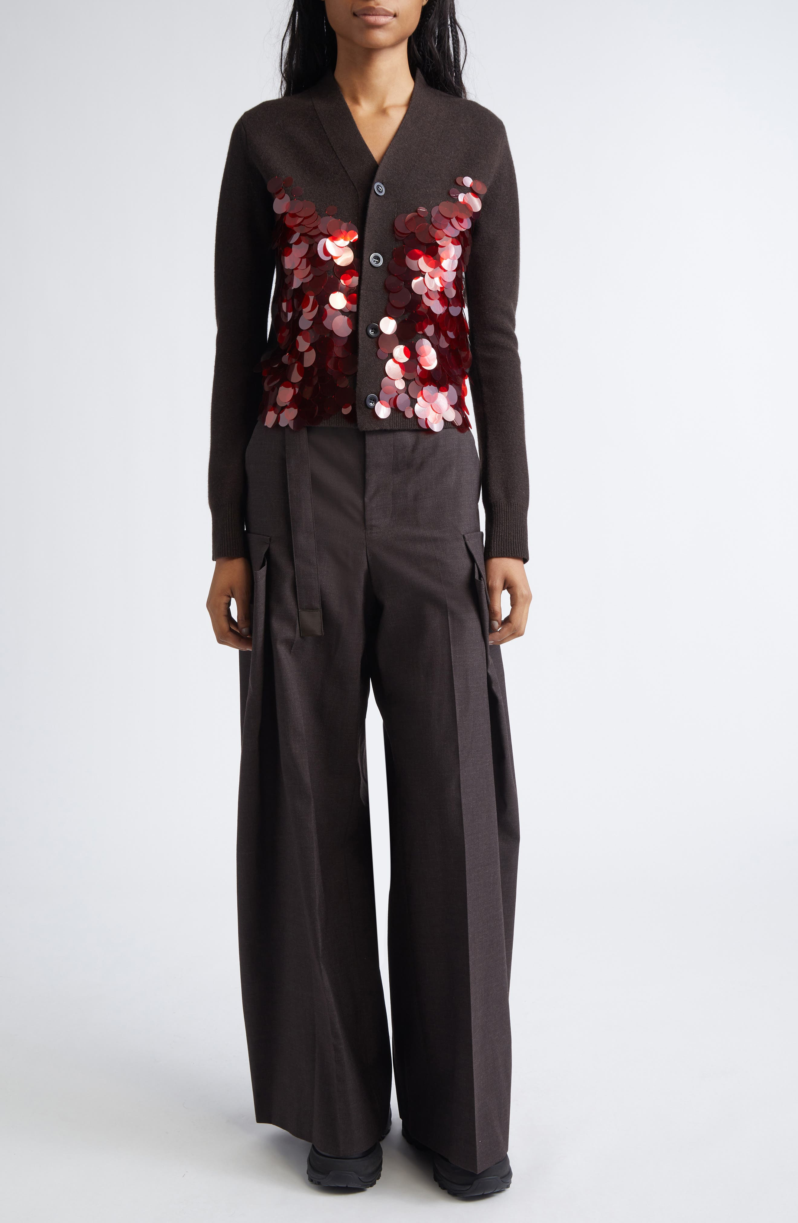Sacai Sequin Embroidered Wool Cardigan in Brown/Red at Nordstrom - 2
