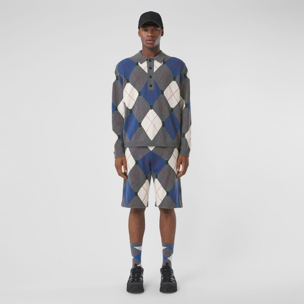 Long-sleeve Argyle Intarsia Wool Cashmere Polo Shirt - 2