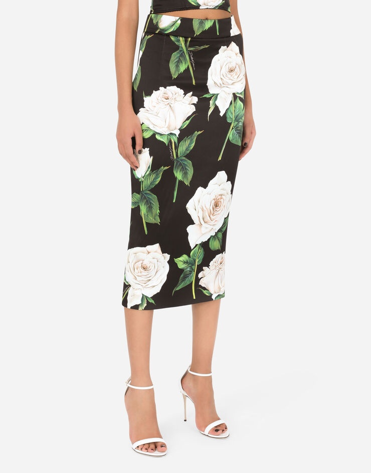 Satin pencil skirt with white rose print - 4