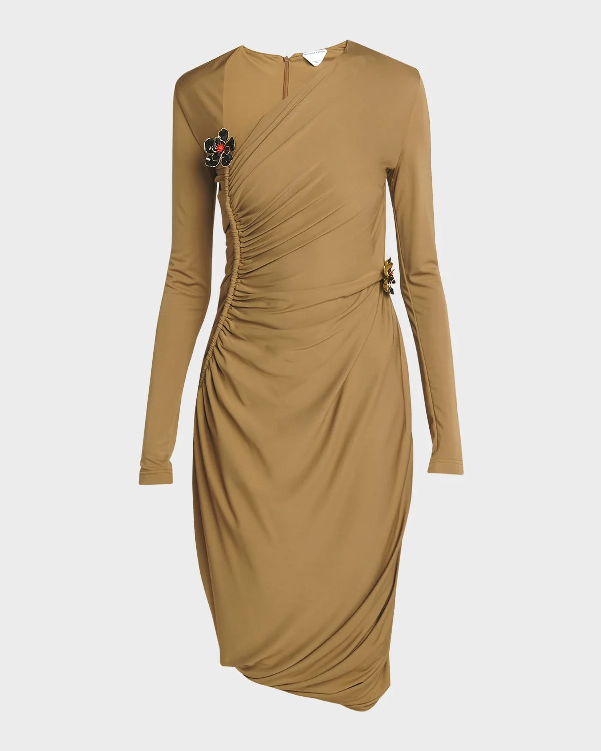 Flower-Applique Long-Sleeve Ruched Matte Crepe Viscose Jersey Dress - 1