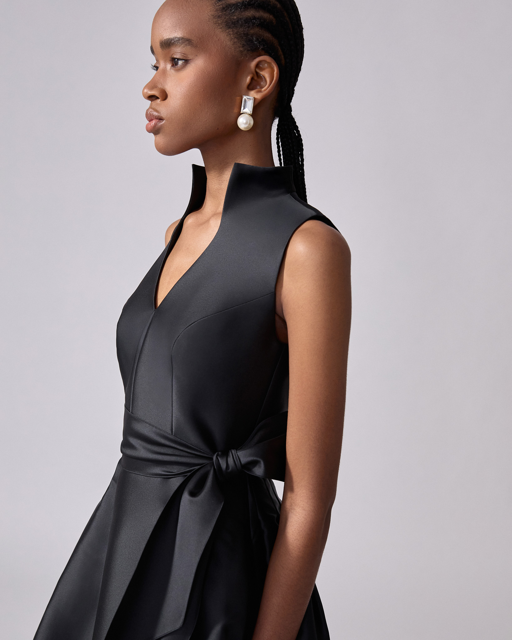 V-neck Gown With Stand Collar And Self Belt - 4