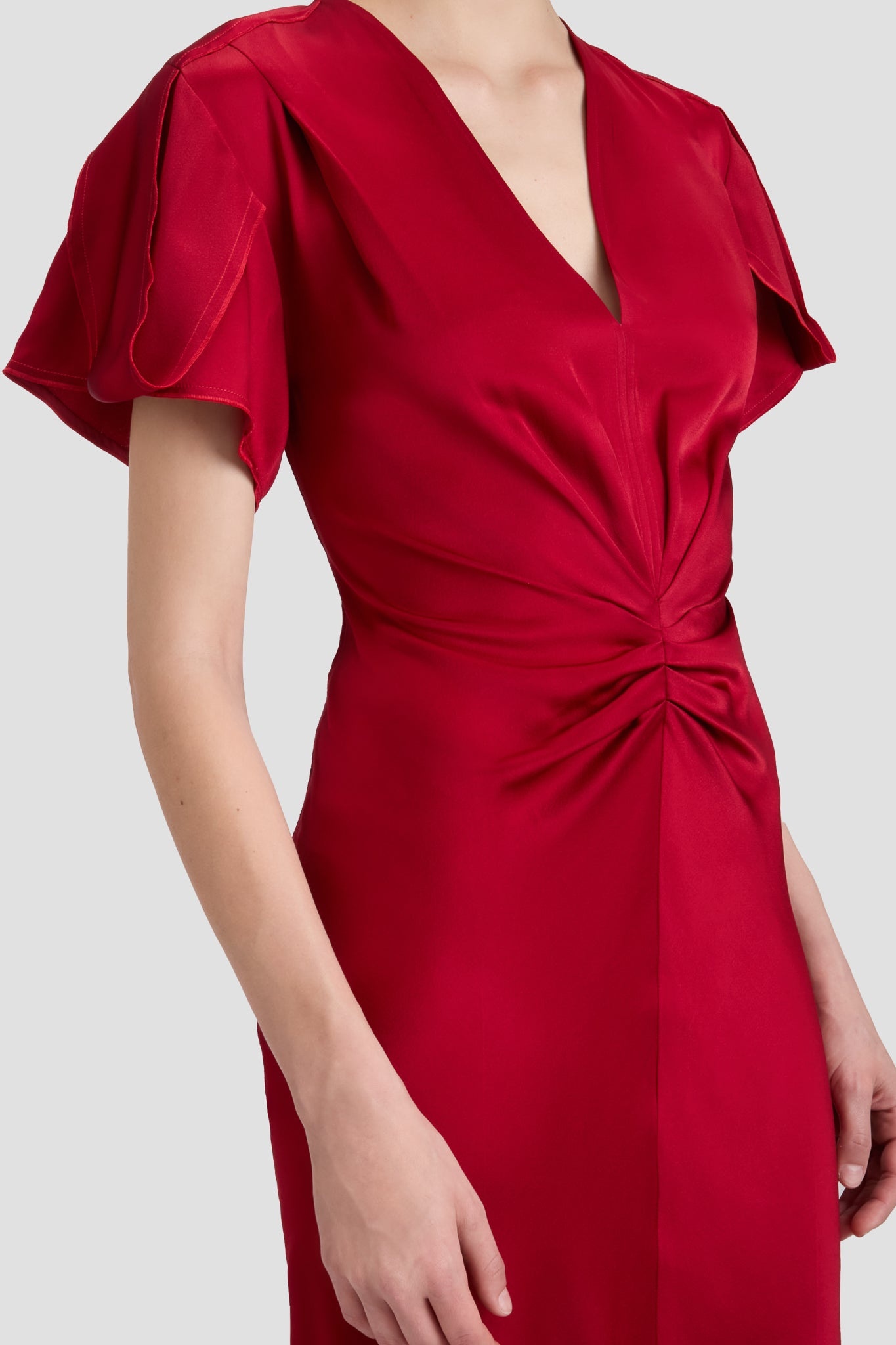 Gathered V-Neck Midi Dress In Rose - 4