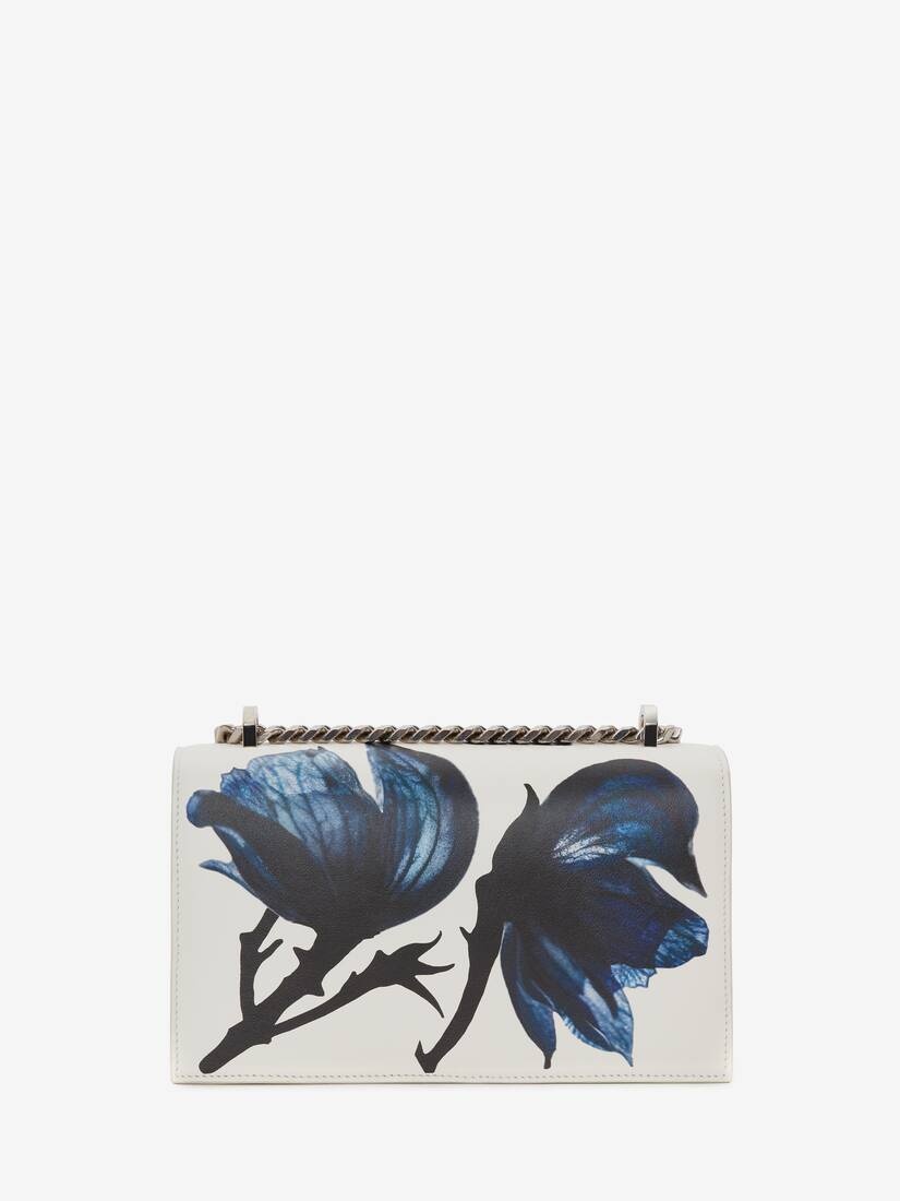 Flower Print Jewelled Satchel in Ivory/blue - 3