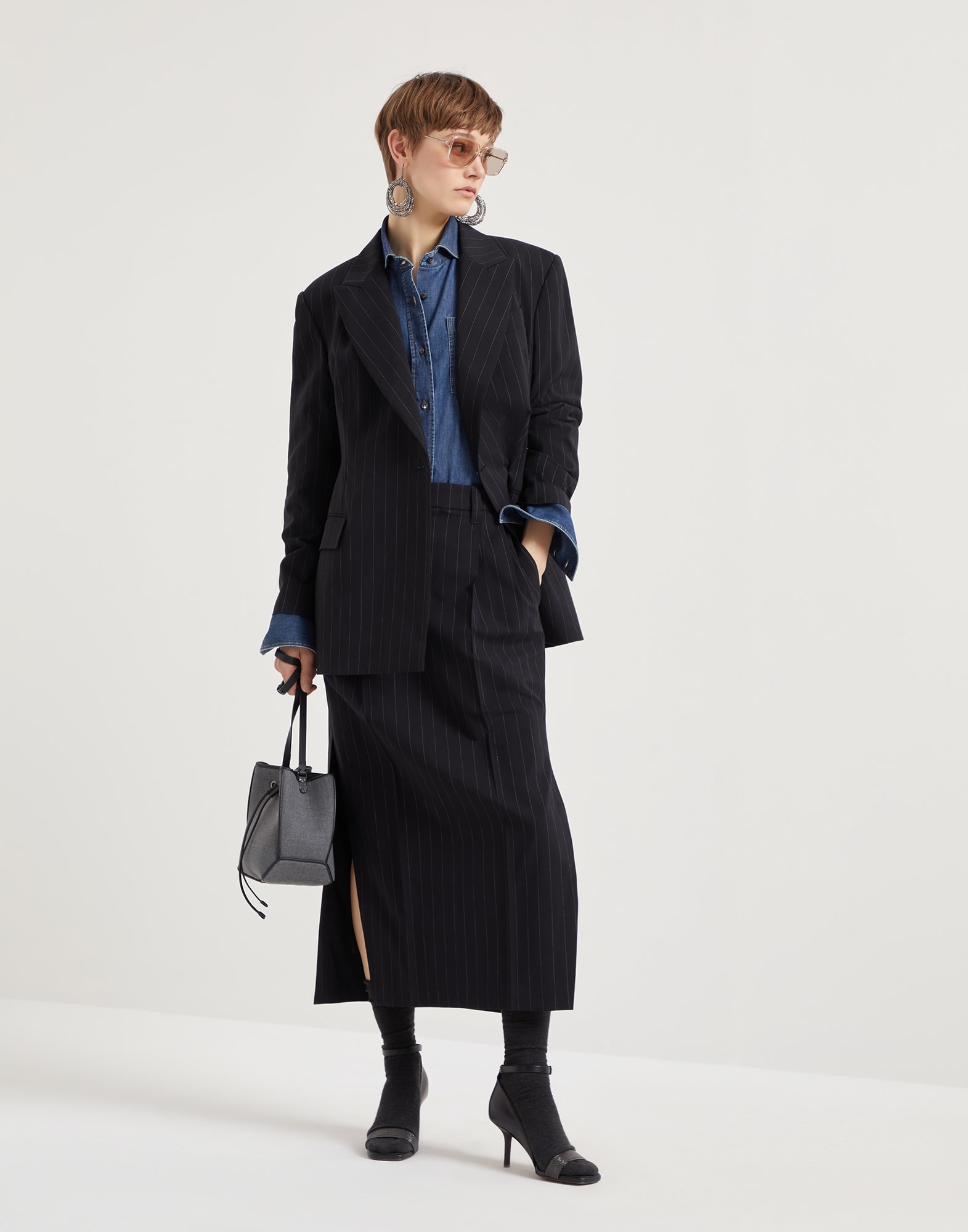 Virgin wool and cotton pinstripe blazer with monili - 5