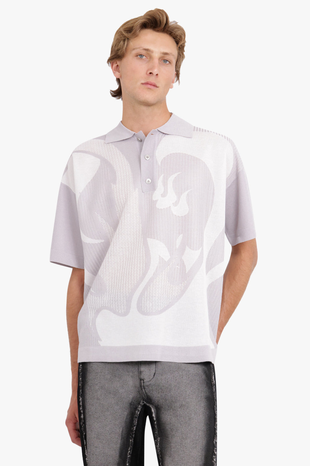KNIT POLO WITH PHOENIX PATTERN | GREY/WHITE - 3