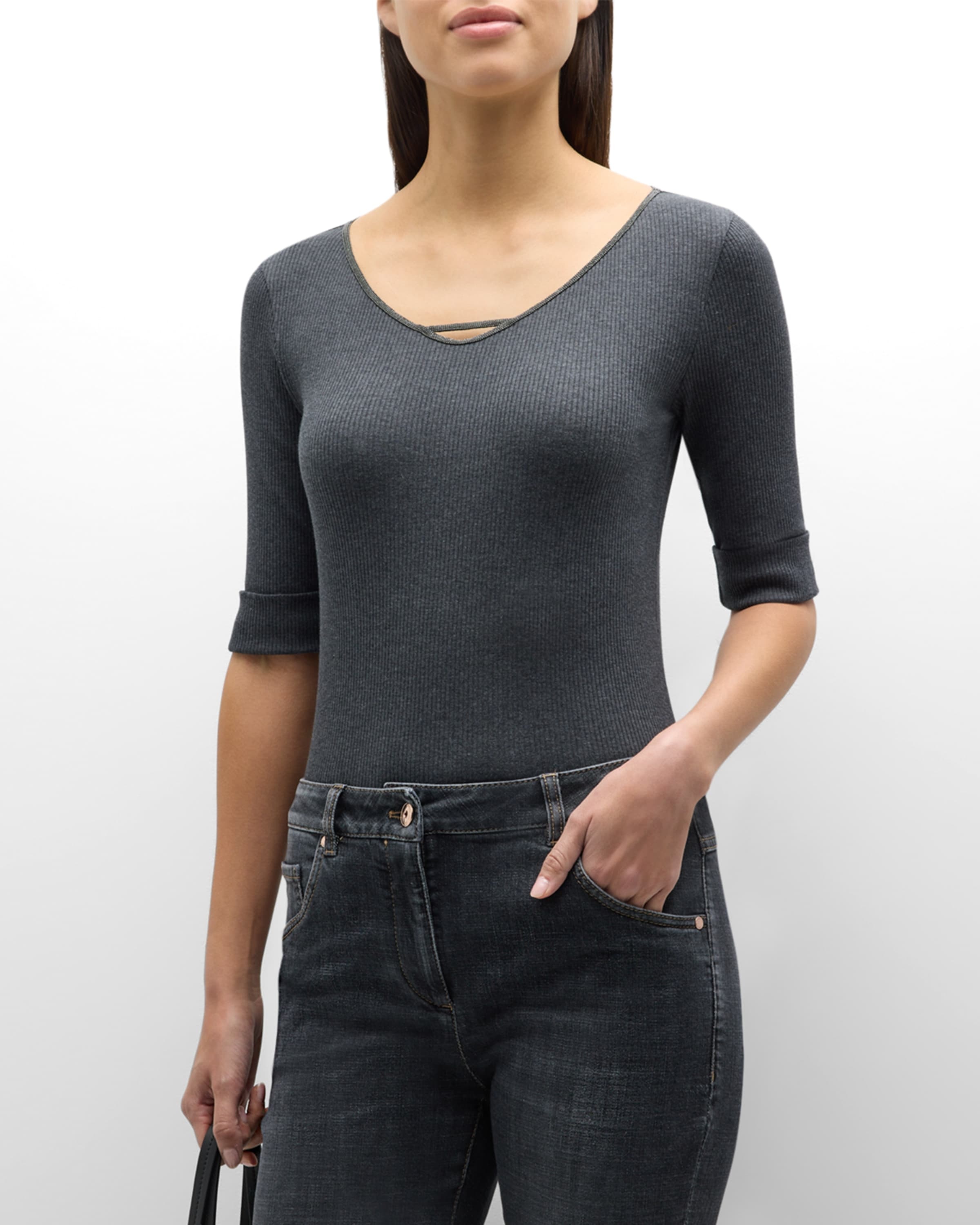 Cotton Stretch Ribbed Top with Monili Neckline - 2