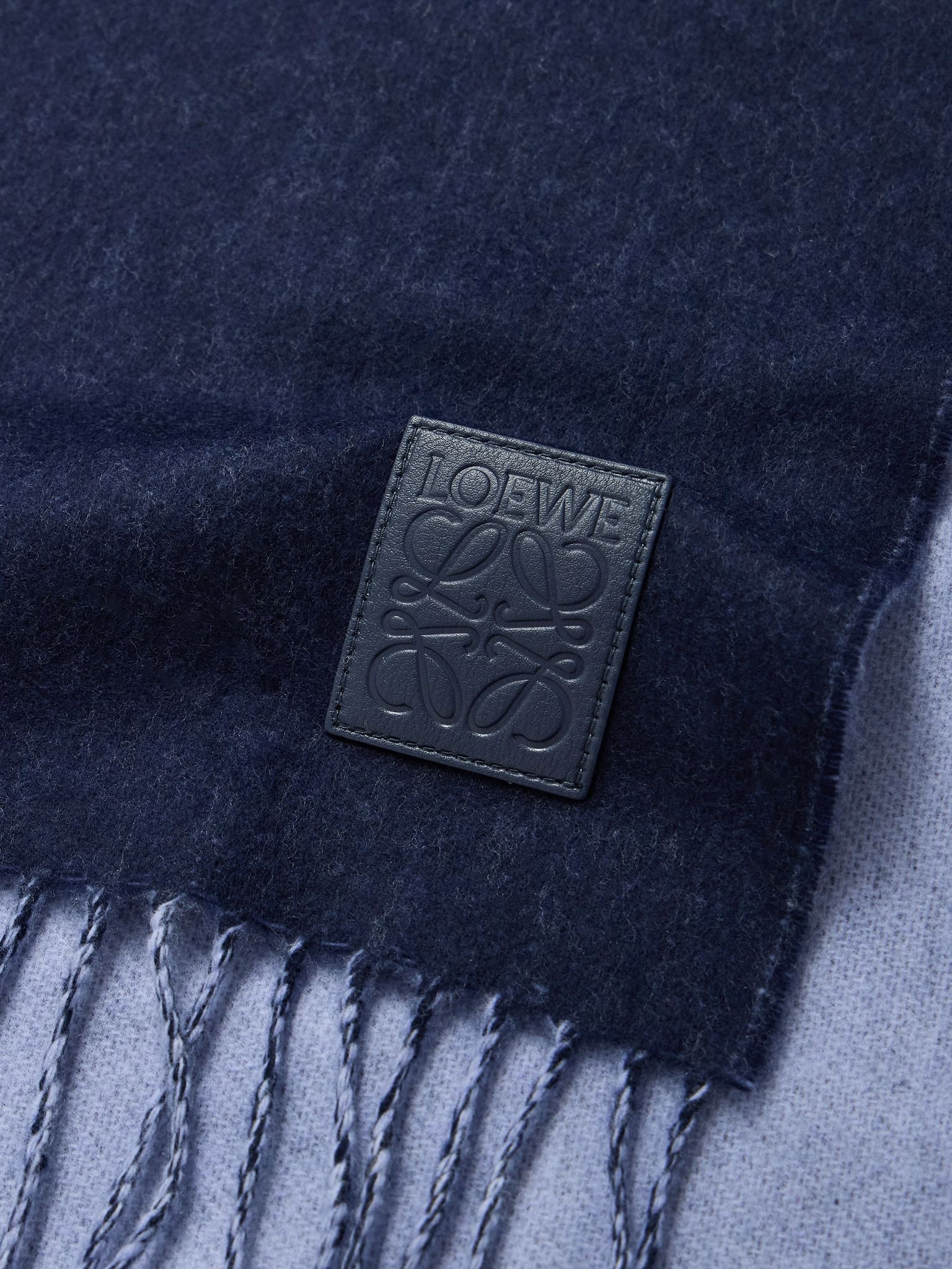 Logo-Appliquéd Fringed Wool and Cashmere-Blend Scarf Navy - 3