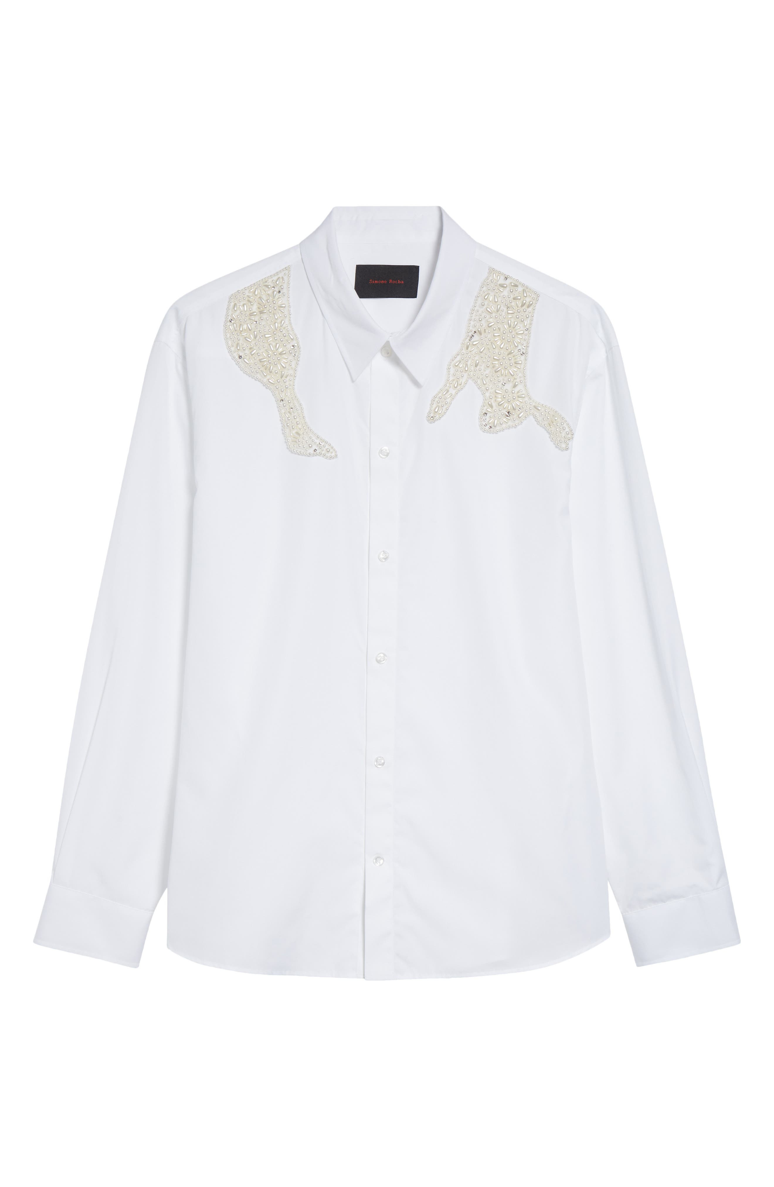 Simone Rocha Embellished Hare Classic Fit Cotton Button-Up Shirt in White/Pearl/Clear at Nordstrom - 6