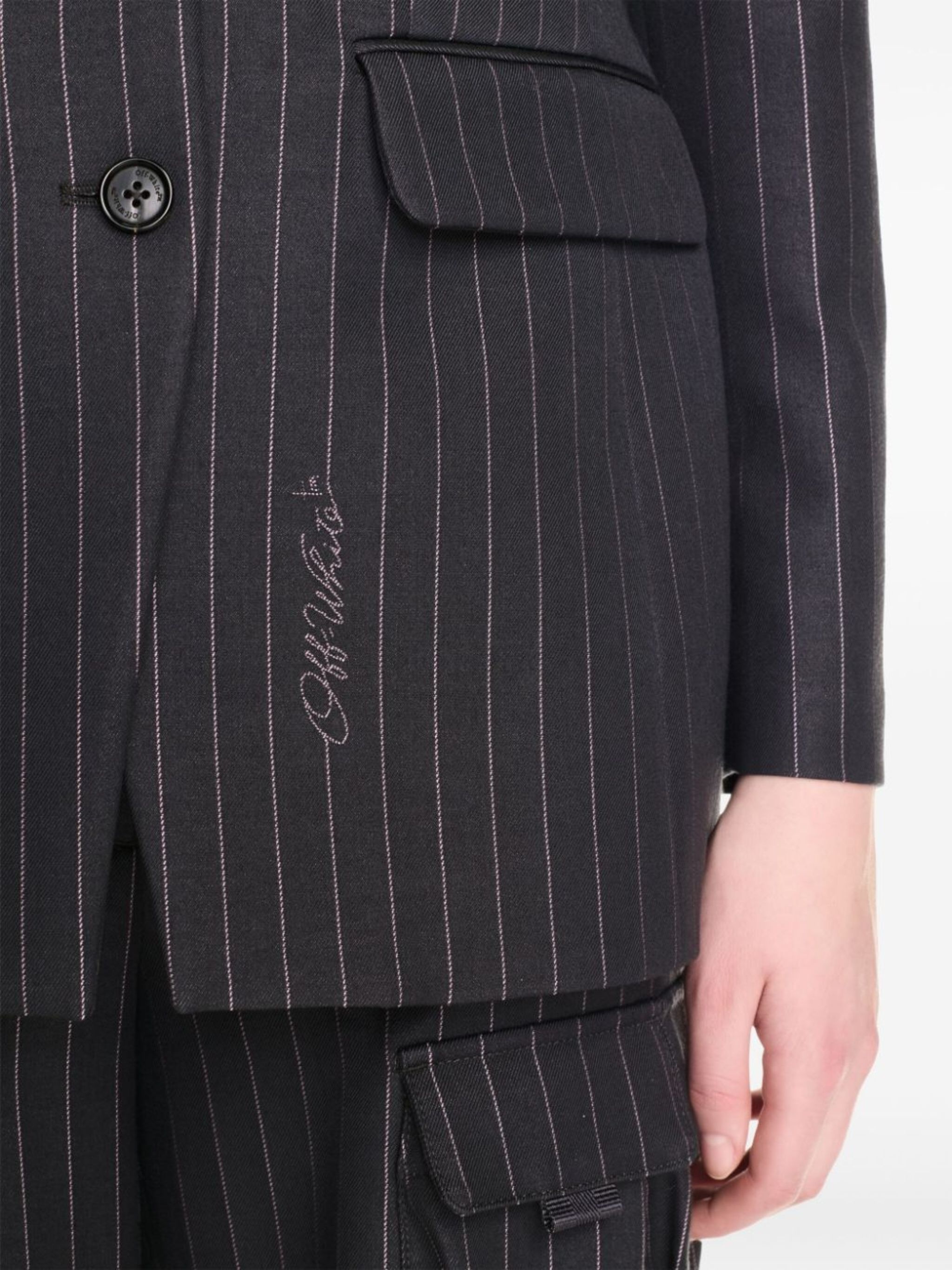 embroidered-logo pinstripe-pattern blazer - 5