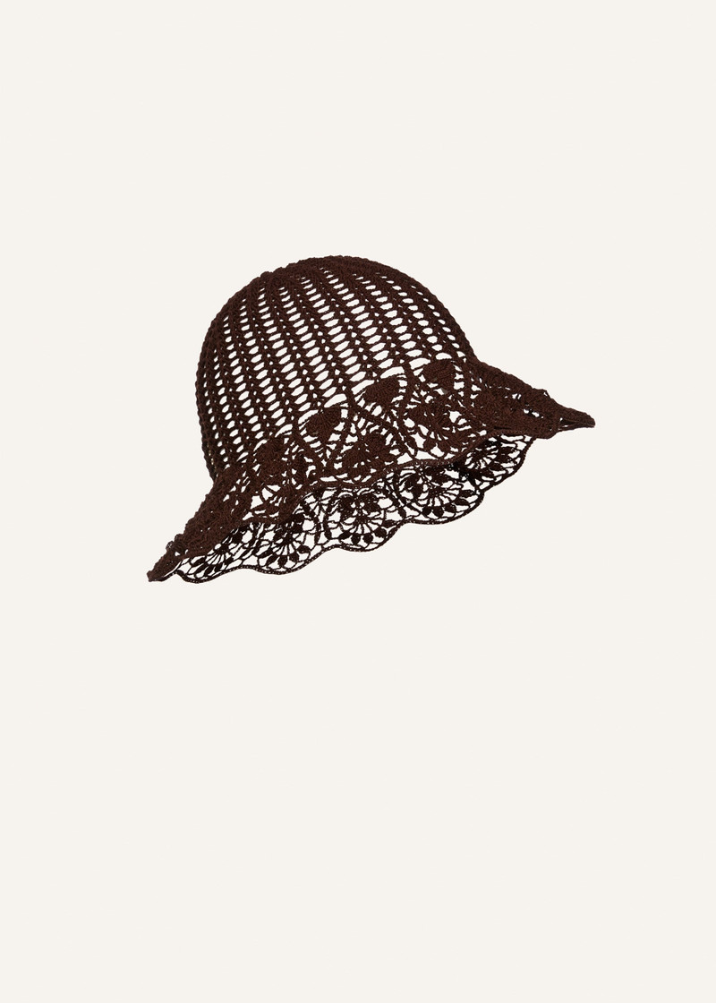 Lace crochet bucket hat in brown. 3