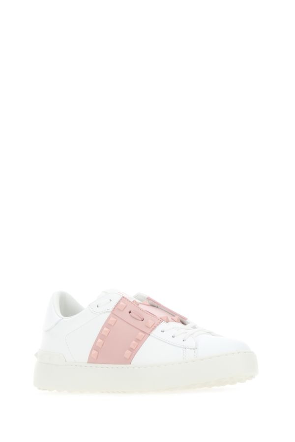 Valentino Garavani Woman White Leather Rockstud Untitled Sneakers With Powder Pink Band - 2