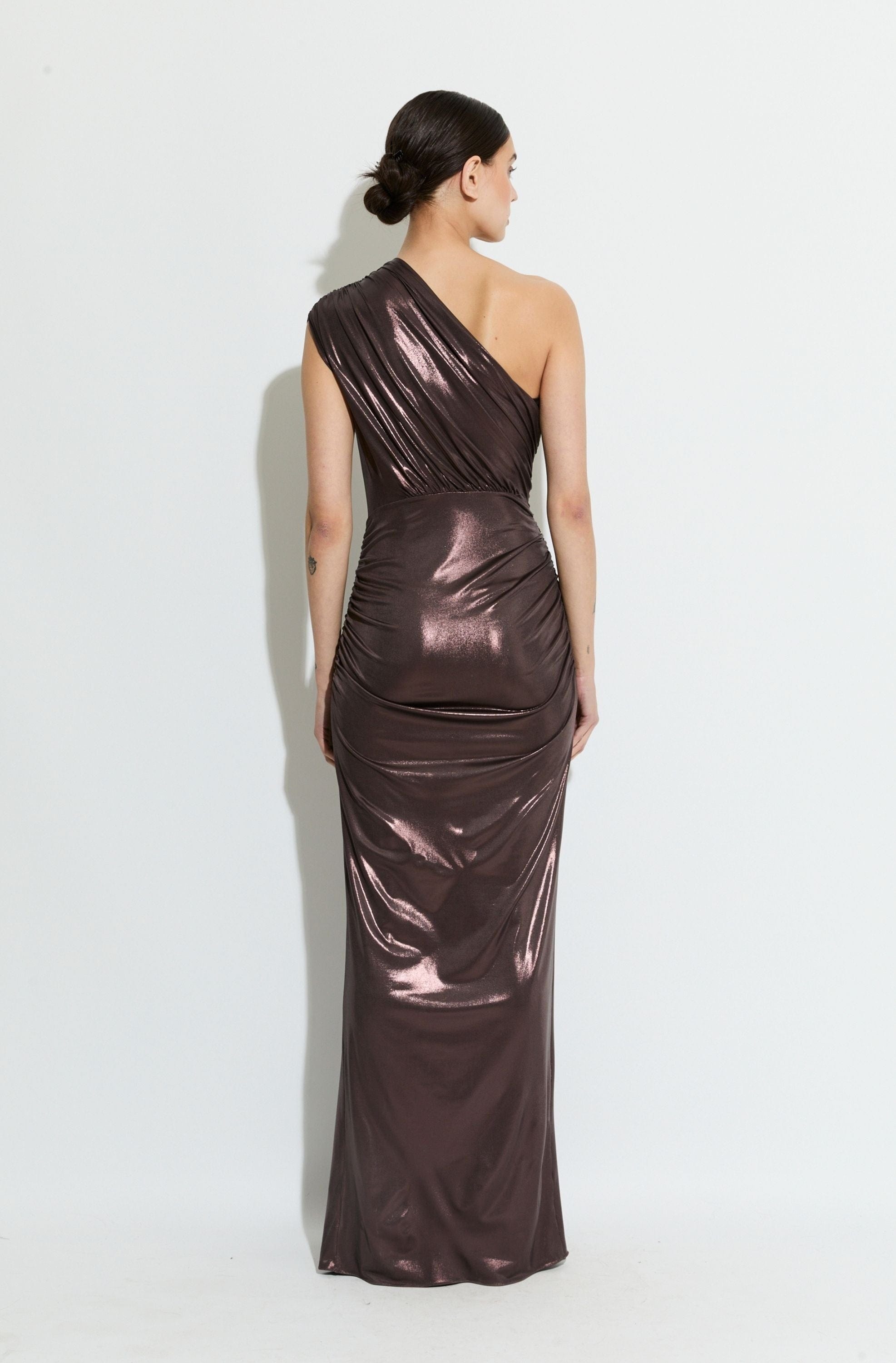 Coated Jersey One Shoulder Ruched Dress - 3