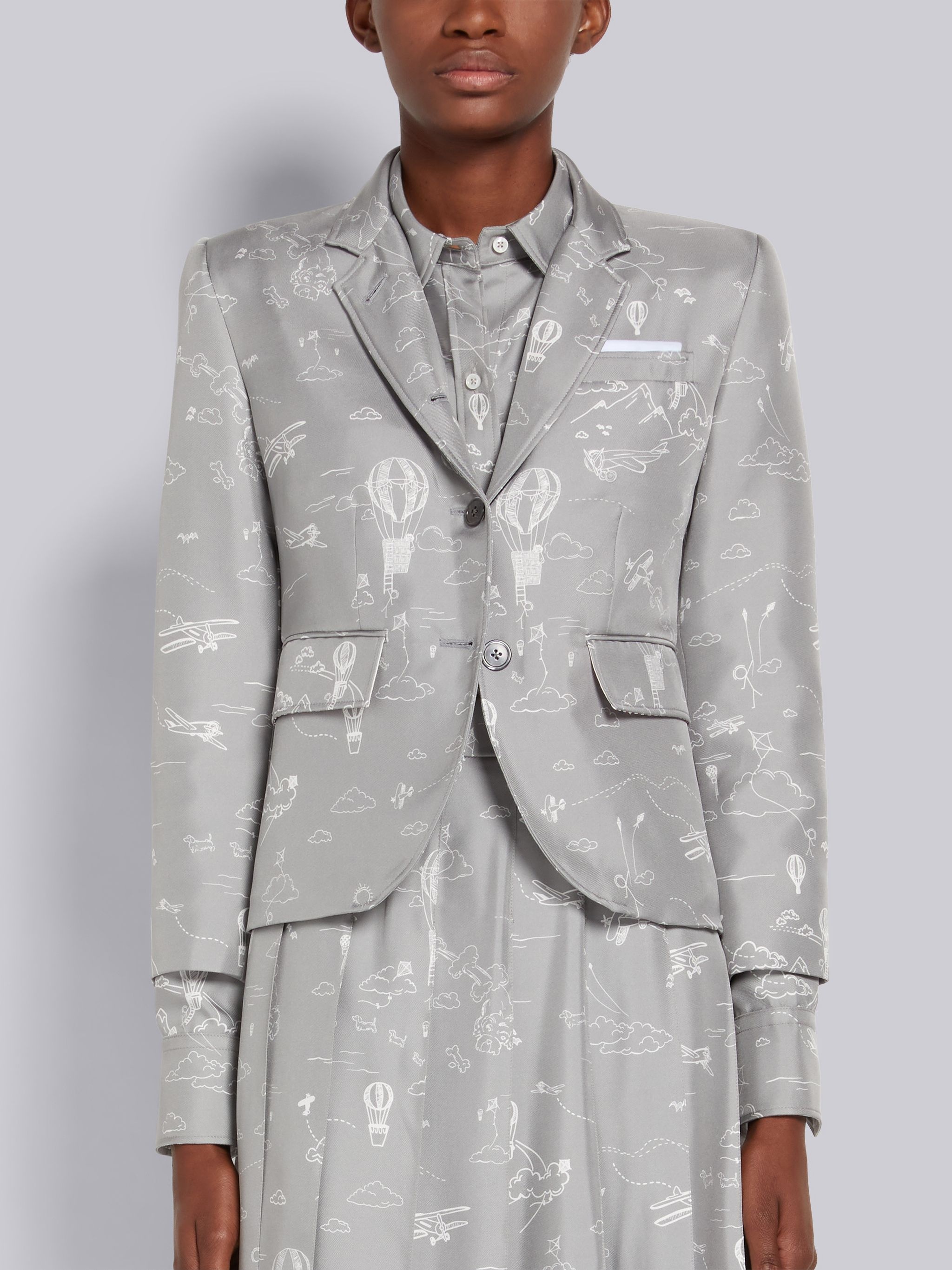 Medium Grey Sky Toile Printed Silk Twill High Armhole Jacket - 1